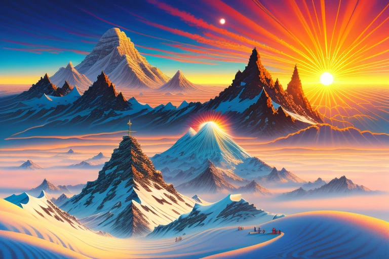 rising sun, new year, spiritual, surreal art, landscape, perspective, mountain summit