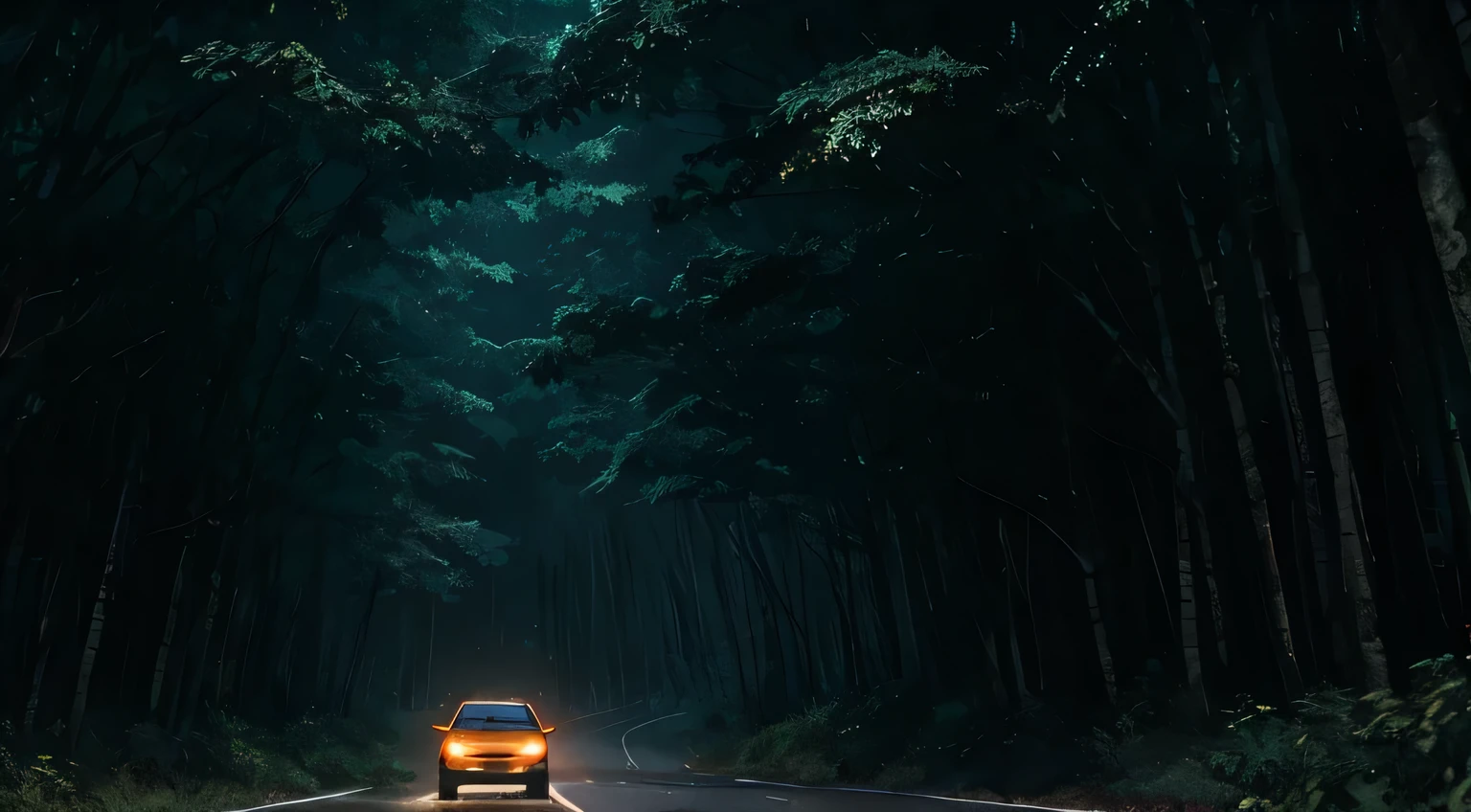 generic hatchback car driving on a tar road through Malaysia's tropical forest at night, jungle, monochromatic, giant and wet trees, masterpiece, best quality, high quality, animation concept art, Bokeh, Depth of Field, HDR, bloom, Chromatic Aberration , trending on artstation, trending on CGsociety, Intricate, High Detail, dramatic, art by midjourney, volumetric lighting, night drive