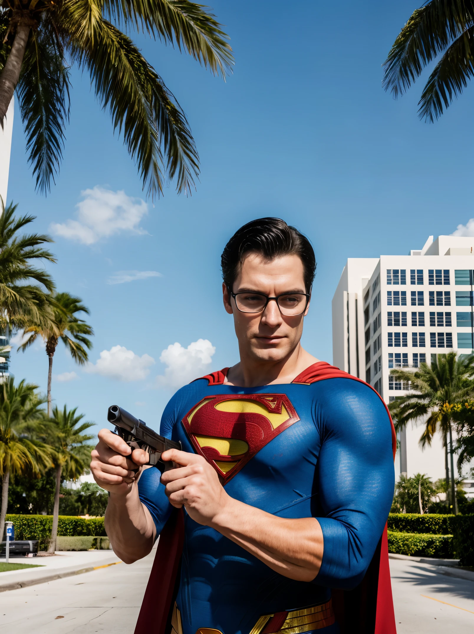 Superman portrait photo of a man wearing glasses and superman suit with blue shirt, shooting a gun in the parking lot with the miami office building and palm trees in the background, high quality, very sharp, professional photography