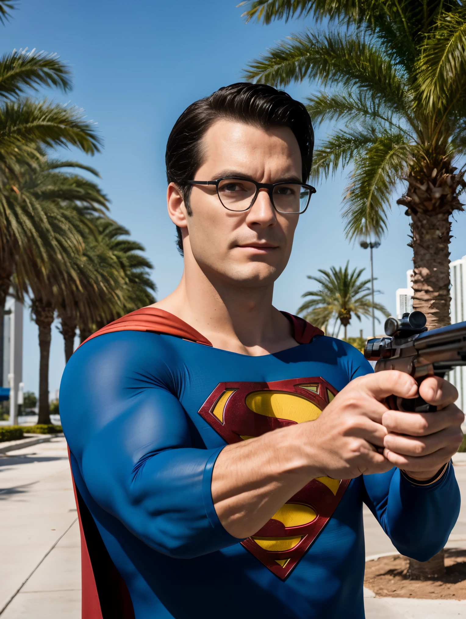 Superman portrait photo of a man wearing glasses and superman suit with blue shirt, shooting a gun in the parking lot with the miami office building and palm trees in the background, high quality, very sharp, professional photography