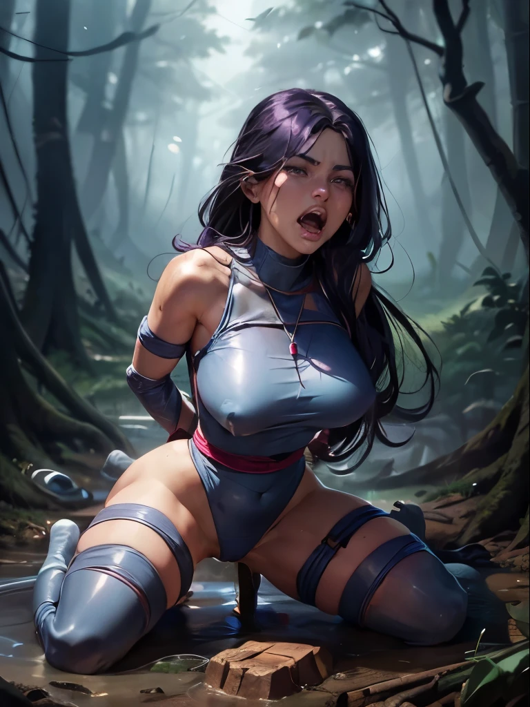 ((PSYLOCKE is in a forest with torrential rains)), (Ela esta usando a head harness gag), ((SUPERHEROINE PSYLOCKE , pernas abertas), (She's screaming loudly in pain)), (She is crying, she has long hair)), ((She's wearing a thick steel necklace around her neck)), (She begs for mercy), (Ela esta vestindo roupas imorais, she's wearing indecent clothes), (obra-prima, melhor qualidade) 1.5, 1girl, sozinho, (sexy, mulher bonita, rosto perfeito, olhos perfeitos), corpo inteiro, (She's lying in the mud, babando, tears streaming down her face), ((Shibari)), ((rope bondage)), ((arms behind back)), ((Totalmente amarrado)), ((Fortemente contido com cordas))