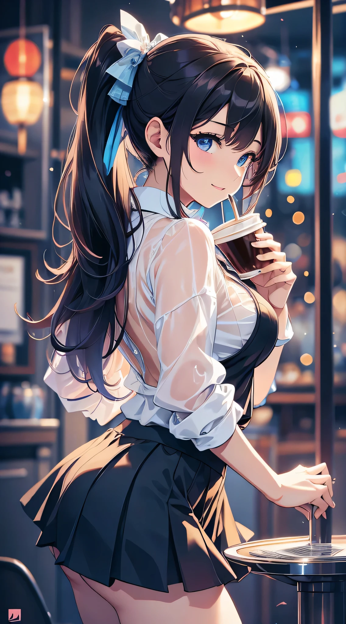 top-quality、Top image quality、​masterpiece、teens girl((18year old、 Ager、Best Bust、Medium bust,wide open breast tea、light blue eyerest, bionde、poneyTail、A slender,black see-through rack shirt、Black skirt、Best Pose、The best smile、Laugh、Show cleavage、Leaning forward pose)),hiquality、Beautiful Art、Background with((jpn、Night World、Neon Street、Inside the coffee shop)),masutepiece、depth of fields、movie、visualart、Perfect Art
