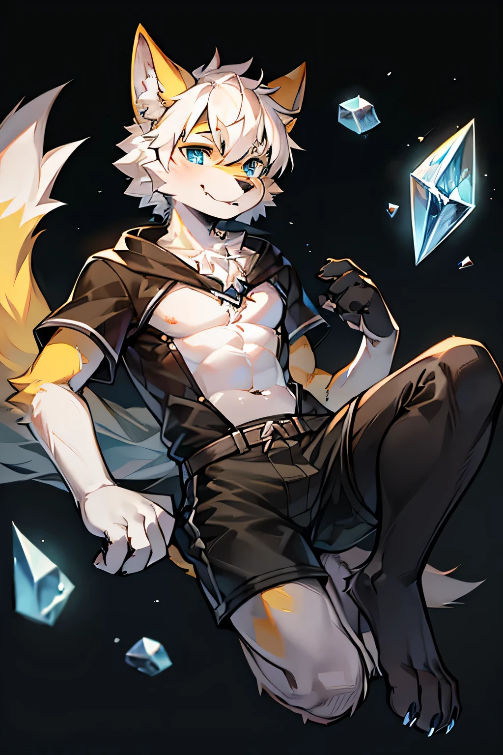 （tmasterpiece：1.2），（Anatomical correct：1.1），（high high quality：1.5），（（（solo male personification）））shaggy_Shapeshifting wolf Fusona，1 Dog boy，Yellow fur，crystal blue eyes，yellow claw，Yellow feet，canine hands，（Detailed dog legs：1.2），Black beans，Detail beans，（（1 wolf boy）），[digitial painting\（a work of art）：：：0.8]Canine feet，（lines of movement：1.1），单shaggy尾巴，[aquarelle（a work of art）：0.6]，White hair，Short hair details，grey shorts