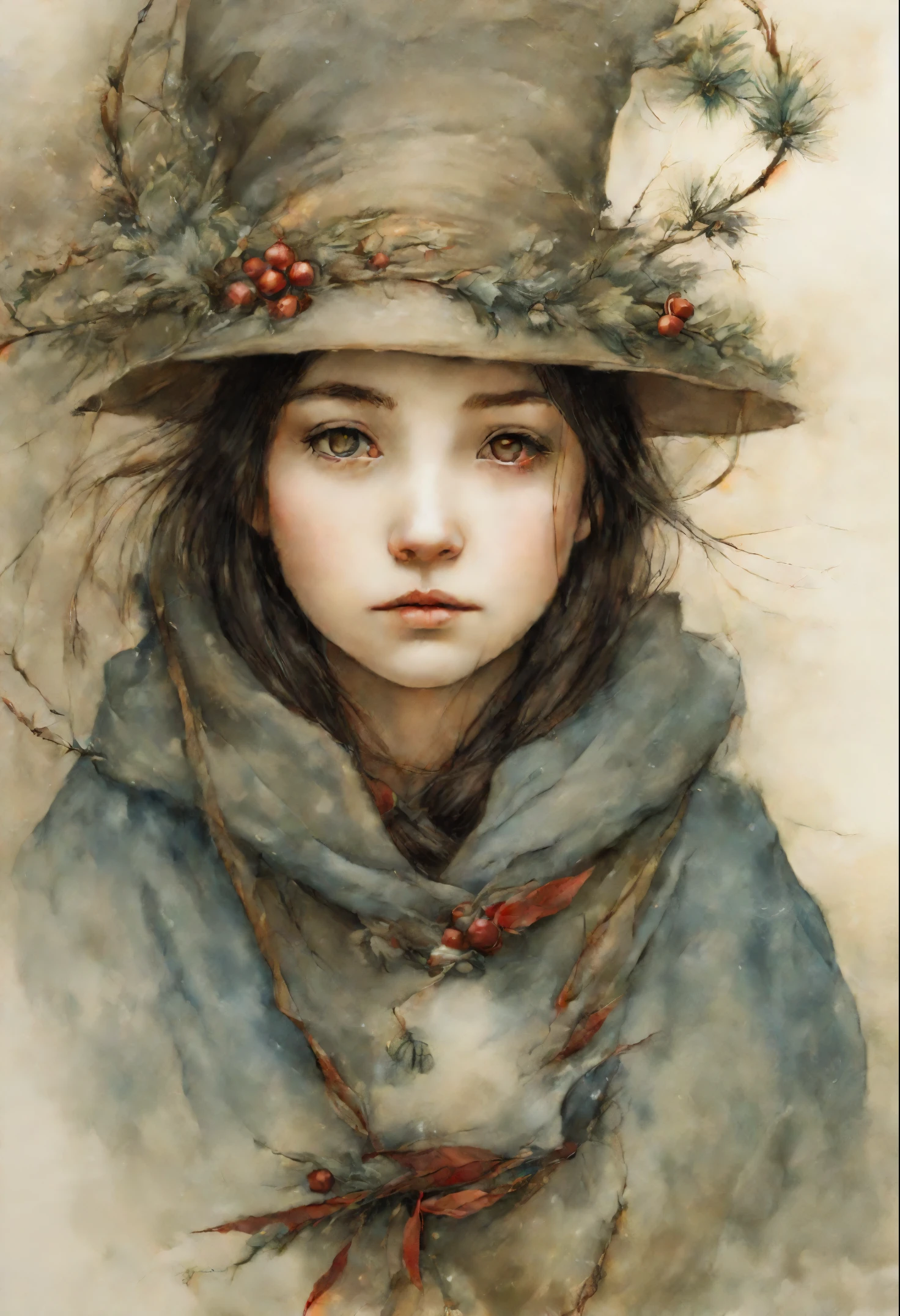 aAnime style,    真实感, a painting, Fantastic tale, Christmas style, John Tolkien style, Small painting by Jean-Baptiste Monge,  young woman - Her thin straight eyebrows came together into a thread., and dark circles appeared under the eyes.