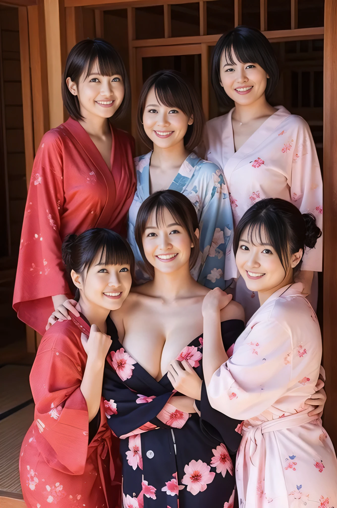 Attractive woman, ３Man Woman, bbw, Hakata yukata、large boob, A smile、Hot Spring Ryokan、​masterpiece, top-quality,