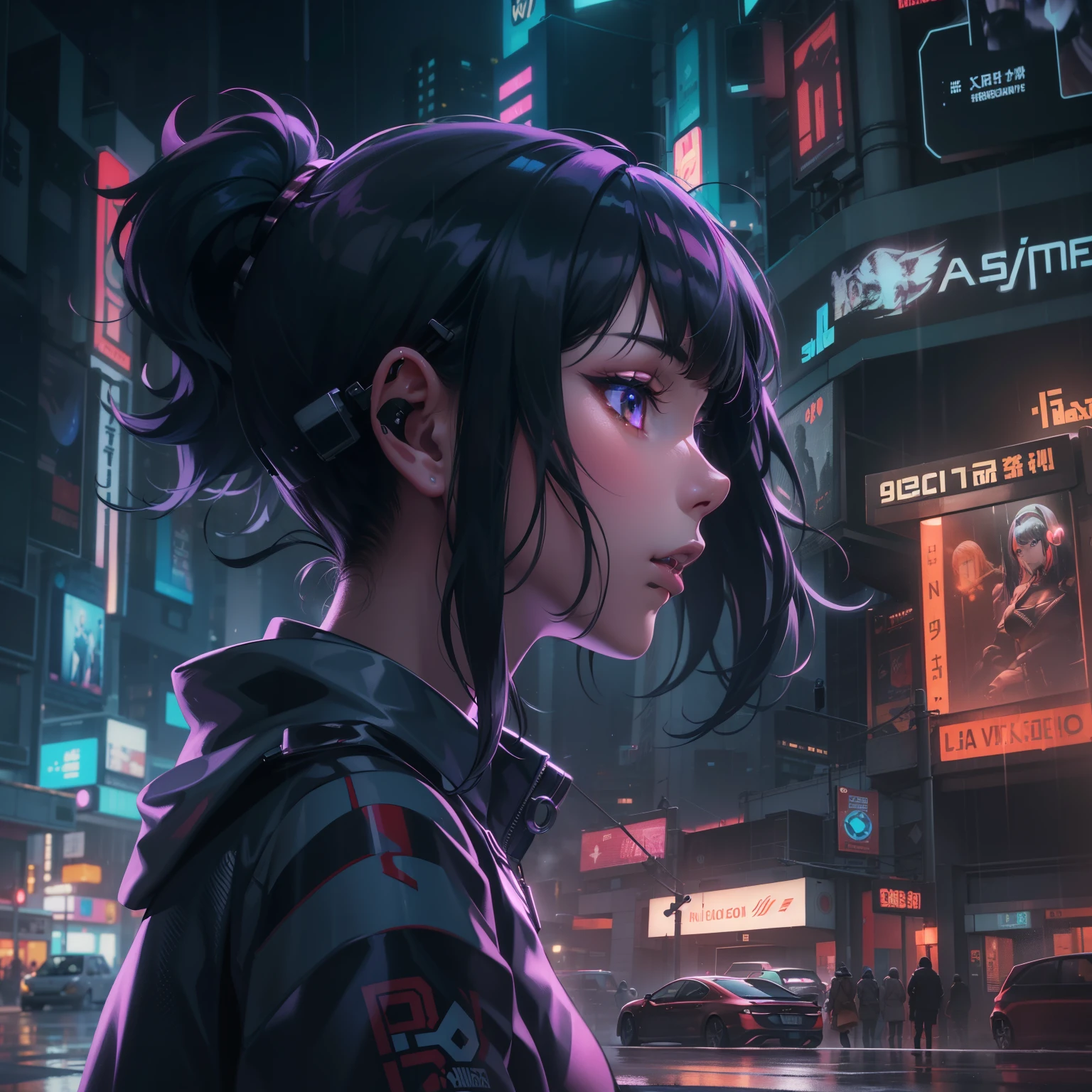alto contraste, (8k UHD:1.2), (fotorrealista:1.2),(Obra maestra:1.4), (La mejor calidad:1.4),Fondo de pantalla extremadamente detallado, Ilustraciones muy detalladas, (1 girl), (better lighting) , (super-complex details) , 4K unificado, (super-detailed CG: 1.2) , (8k: 1.2),(Texto original en), (Obra maestra) , (La mejor calidad),(Obra maestra:1.4),Anime-ish de alta calidad, (((High resolution))),Young 1 Japan girl dressed in shiny clothes as a cyberpunk character in neonninja style, futuristic city. Scrunchies para el cabello, Corte princesa, cabello plateado, Puntas de colores, cabello mediano, cabello multicolor, Separation of bangs, labios separados, labios rojos, luna llena, ojos grises, sensualidad y frescura, Noche, neon, futuristic, Arte conceptual, Blade Runner Worldview, Toron&#39;s worldview, Ghost in the Shell World View, pintura, iluminado, primer plano, Luz detallada, resplandor retroiluminado. Rainy Noche in cyberpunk city with glowing neon lights. Dynamic and dynamic composition.