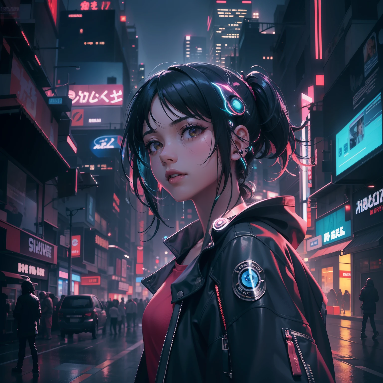 alto contraste, (8k UHD:1.2), (fotorrealista:1.2),(Obra maestra:1.4), (La mejor calidad:1.4),Fondo de pantalla extremadamente detallado, Ilustraciones muy detalladas, (1 girl), (better lighting) , (super-complex details) , 4K unificado, (super-detailed CG: 1.2) , (8k: 1.2),(Texto original en), (Obra maestra) , (La mejor calidad),(Obra maestra:1.4),Anime-ish de alta calidad, (((High resolution))),Young 1 Japan girl dressed in shiny clothes as a cyberpunk character in neonninja style, futuristic city. Scrunchies para el cabello, Corte princesa, cabello plateado, Puntas de colores, cabello mediano, cabello multicolor, Separation of bangs, labios separados, labios rojos, luna llena, ojos grises, sensualidad y frescura, Noche, neon, futuristic, Arte conceptual, Blade Runner Worldview, Toron&#39;s worldview, Ghost in the Shell World View, pintura, iluminado, primer plano, Luz detallada, resplandor retroiluminado. Rainy Noche in cyberpunk city with glowing neon lights. Dynamic and dynamic composition.