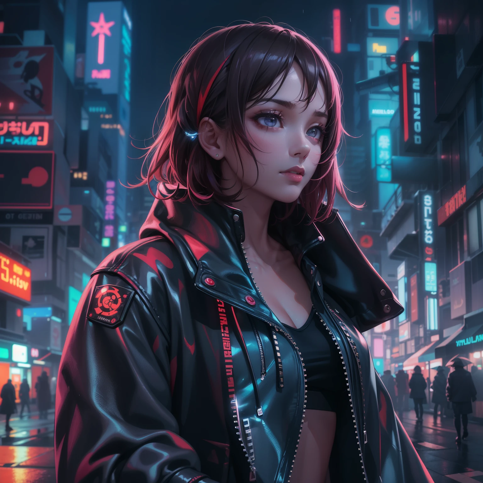 alto contraste, (8k UHD:1.2), (fotorrealista:1.2),(Obra maestra:1.4), (La mejor calidad:1.4),Fondo de pantalla extremadamente detallado, Ilustraciones muy detalladas, (1 girl), (better lighting) , (super-complex details) , 4K unificado, (super-detailed CG: 1.2) , (8k: 1.2),(Texto original en), (Obra maestra) , (La mejor calidad),(Obra maestra:1.4),Anime-ish de alta calidad, (((High resolution))),Young 1 Japan girl dressed in shiny clothes as a cyberpunk character in neonninja style, futuristic city. Scrunchies para el cabello, Corte princesa, cabello plateado, Puntas de colores, cabello mediano, cabello multicolor, Separation of bangs, labios separados, labios rojos, luna llena, ojos grises, sensualidad y frescura, Noche, neon, futuristic, Arte conceptual, Blade Runner Worldview, Toron&#39;s worldview, Ghost in the Shell World View, pintura, iluminado, primer plano, Luz detallada, resplandor retroiluminado. Rainy Noche in cyberpunk city with glowing neon lights. Dynamic and dynamic composition.
