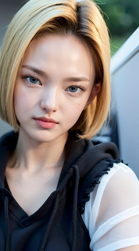 android 18, ( Close-up of upper body ), ( Bokeh effect ), Very seductive., seductive pose, Smiles, kawaii, very kawaii, ultra-high resolution, masterpiece, ultra high quality, ultra-detail, 10, In a see-through shirt, see through hoodie, wet from rain, Wet see-through shirt, unbuttoned