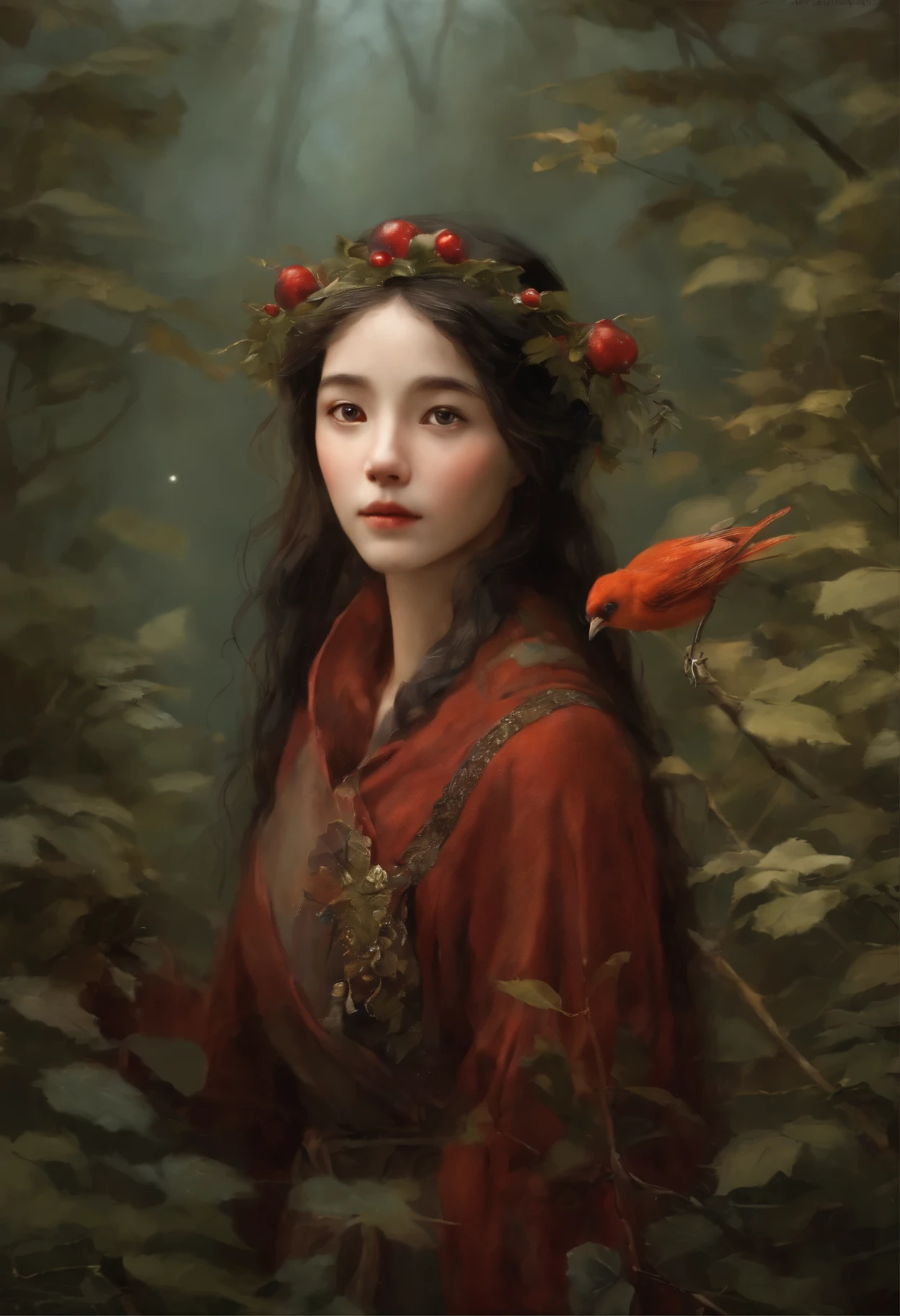 aAnime style,    真实感, a painting, Fantastic tale, Christmas style, John Tolkien style, Small painting by Jean-Baptiste Monge,  young woman - Her thin straight eyebrows came together into a thread., and dark circles appeared under the eyes.