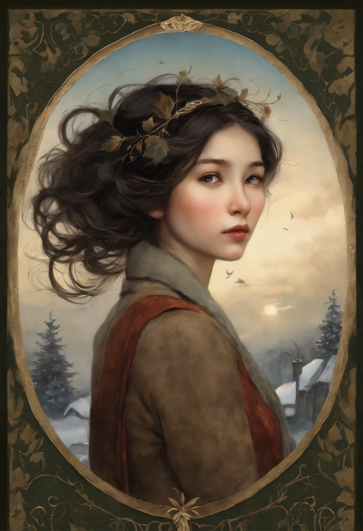 aAnime style, 真实感, a painting, Fantastic tale, Christmas style, John Tolkien style, Small painting by Jean-Baptiste Monge, young woman - Her thin straight eyebrows came together into a thread., and dark circles appeared under the eyes.