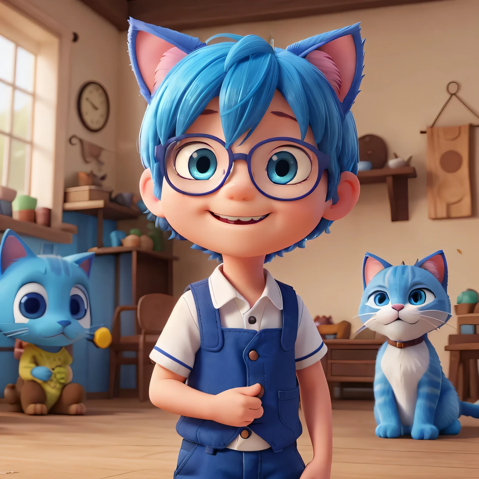 A handsome ((blue short hair)) boy, ((with blue cat ears)), wearing round glasses with thick lenses, blue eyes, with a happy expression, smile, hugging cat tightly, almost crushing a raccoon that doesn't wear glasses and looks at her with a scared expression. High quality, high resolution, 4K, in cartoon style.