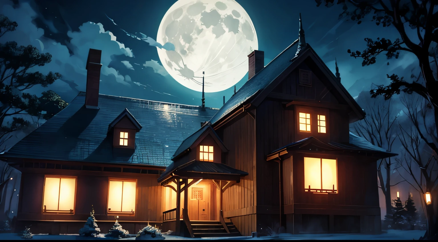 anime style haunted house at night from outside at full moon night, surrounded by forest