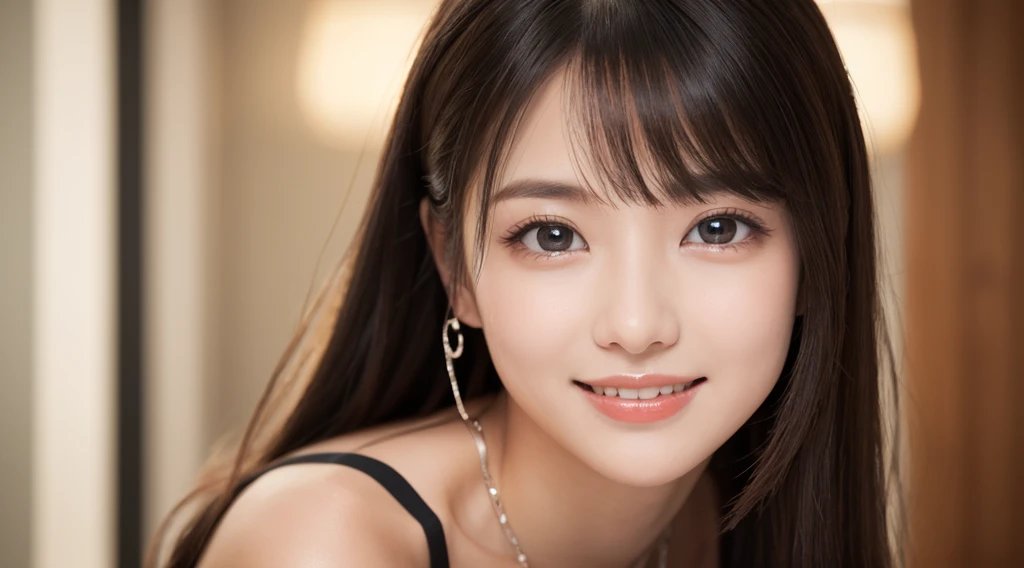 (Hair Nude、ighly detailedなCGユニティ8k壁紙, 1920x1080、masutepiece, Best Quality, Ultra-detailed), (Best Illumination, Best Shadow, extremely delicate and beautiful), Smile,  Sunlight shines in, depth of fields、Smile、Lush bust、、(((Ultimate Beauty Portrait)))、((glistning skin))、女の子1人、bright expression、((Long Black Hair、Hair Nude))、(cleavage of the breast)、((Big eyes that shine like jewels))、open cardigan、Open your clothes、panthyhose、Glossy glossy skin、(Medium Hair)、(Silky Ponytail Hair)、eye liner、Beautiful bangs、Hair between the eyes、((​masterpiece、最hightquality、Ultra-detailed細、Film Light、intricate-detail、hight resolution、ighly detailed))、细致背景、8KUHD、Soft light、hightquality、depth of fieldsは浅く、natural soft light、Kamimei、