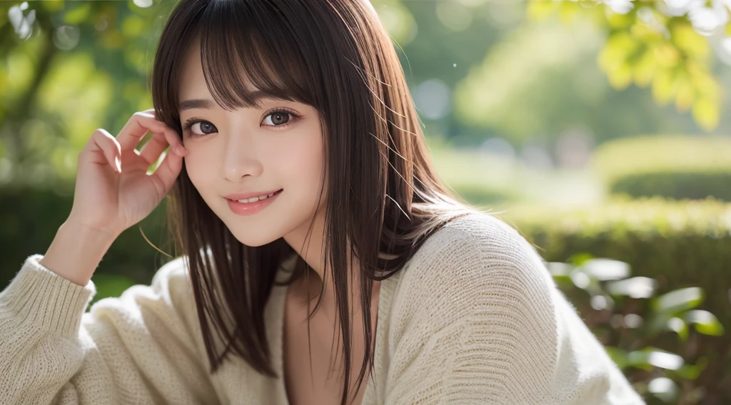 (Hair Nude、ighly detailedなCGユニティ8k壁紙, 1920x1080、masutepiece, Best Quality, Ultra-detailed), (Best Illumination, Best Shadow, extremely delicate and beautiful), Smile, Sunlight shines in, depth of fields、Smile、Lush bust、、(((Ultimate Beauty Portrait)))、((glistning skin))、1人、bright expression、((Long Black Hair、Hair Nude))、(cleavage of the breast)、((Big eyes that shine like jewels))、open cardigan、Open your clothes、panthyhose、Glossy glossy skin、(Medium Hair)、(Silky Ponytail Hair)、eye liner、Beautiful bangs、Hair between the eyes、((masterpiece、最hightquality、Ultra-detailed細、Film Light、intricate-detail、hight resolution、ighly detailed))、细致背景、8KUHD、Soft light、hightquality、depth of fieldsは浅く、natural soft light、Kamimei、