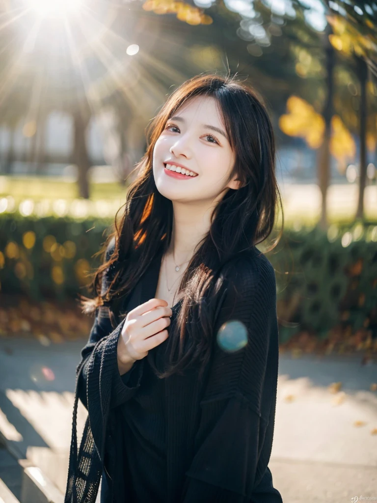 girl with、cosy sweater on、The upper part of the body、(Huge laughter:1.1)、(Opening Mouth:1.1)、(widely opened eyes:1.2)、Sun glare、bokeh dof、Depth of Field Background、Particles of light、heavy wind、(Heart particles:1.1)、Priestess costume、redhair、Black tight clothes
