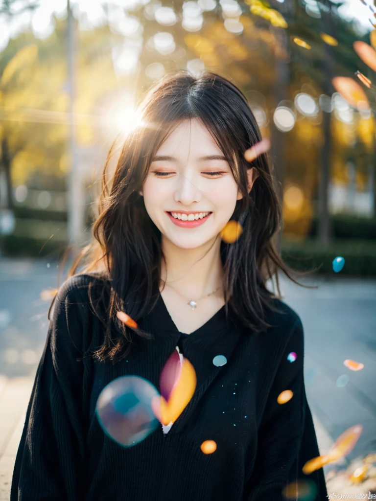 girl with、cosy sweater on、The upper part of the body、(Huge laughter:1.1)、(Opening Mouth:1.1)、(widely opened eyes:1.2)、Sun glare、bokeh dof、Depth of Field Background、Particles of light、heavy wind、(Heart particles:1.1)、Priestess costume、redhair、Black tight clothes