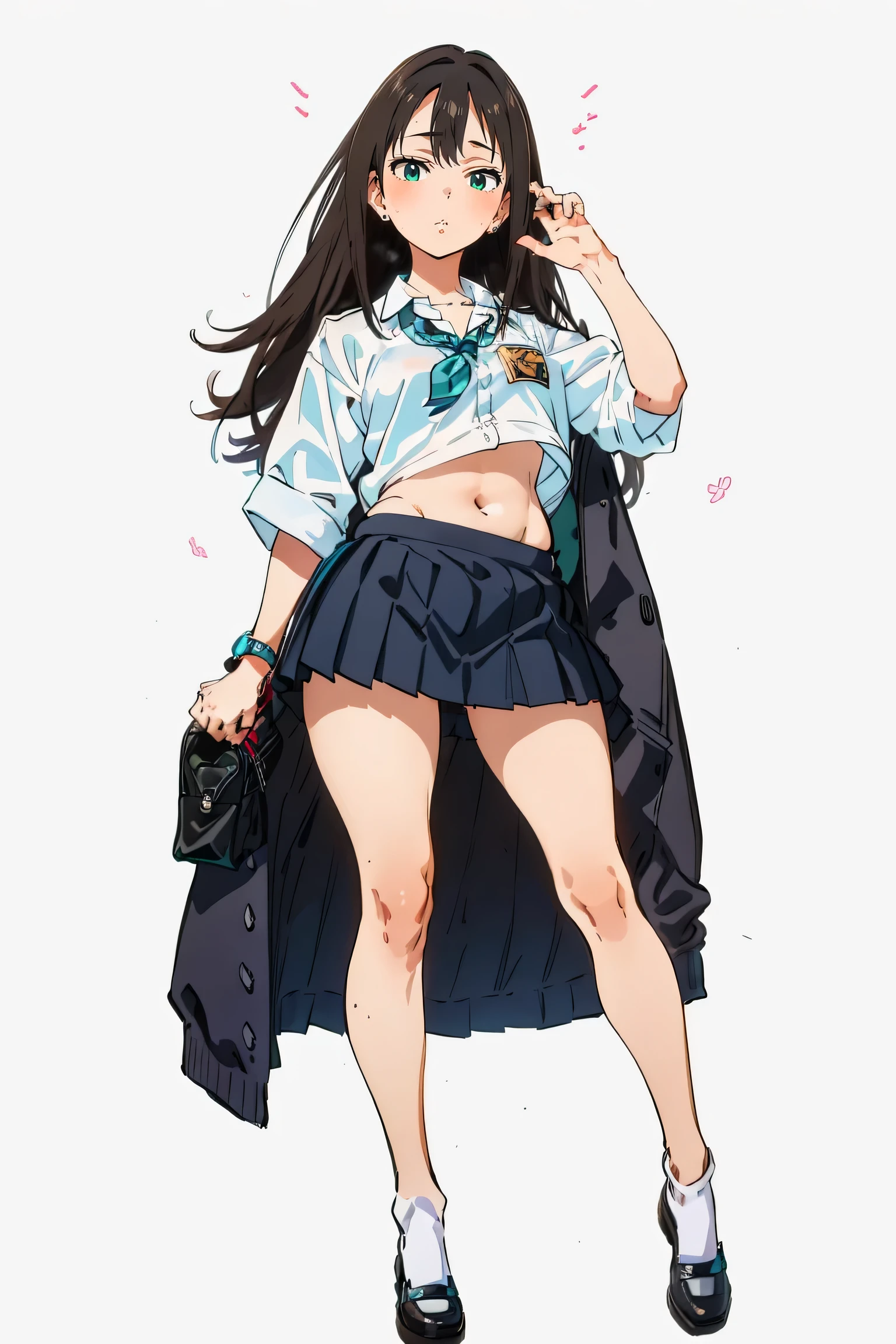 Brown Gal,Open cloth,deadpan,((erect through)),Solo,Looking at Viewer,Rin Shibuya,perfect anatomia,((Full body like from head to toe)),((White background)),a large amount of ,Tecateca skin,Full body like,Small,Saggy,student clothes,Solo,One girl,Lower breast,Navel,Revealing uniforms,Slouched,is visible