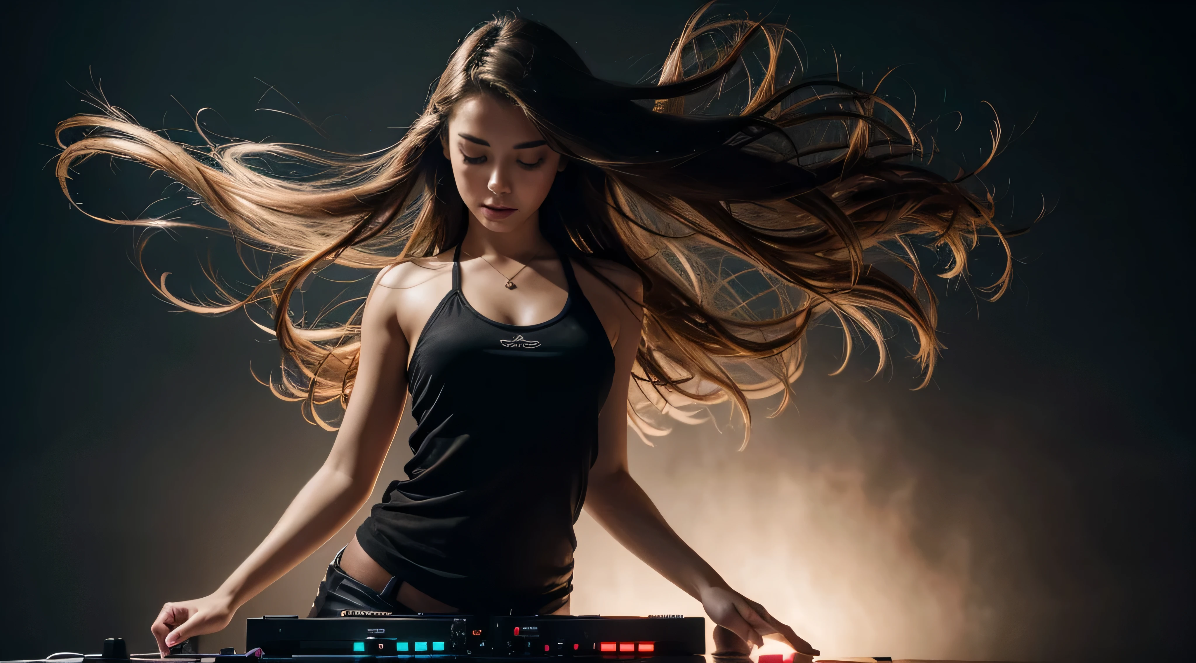 DJ, passionate,1girl, floating hair, passion,one arm up, (masterpiece, best quality, high quality, highres, ultra-detailed)