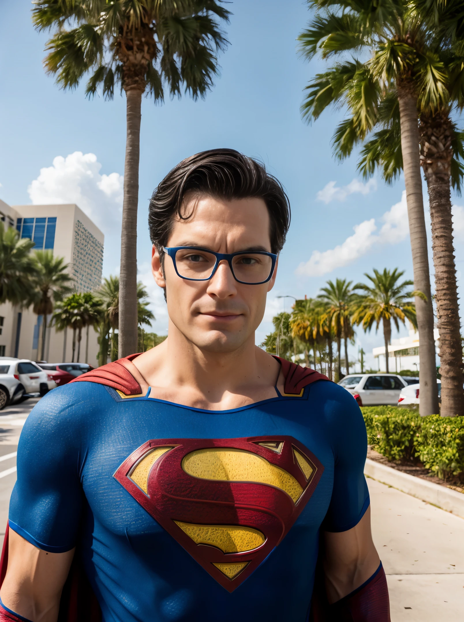 Superman portrait photo of a man wearing glasses and superman suit with blue shirt, shooting a gun in the parking lot with the miami office building and palm trees in the background, high quality, very sharp, professional photography