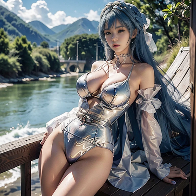 (Enrich the picture,Masterpiece level quality),Exquisite 8KCG artwork,Three goddess-like figures,sittinng on the river,Postural exercises,Slim and soft,Translucent skin,Green hair、The beauty of extra-long hair, Super Long Straight Hair,The skin is fair and juicy,Oversized big breasts blue bikini miniskirt uniform,Perspective Part 1.2x enhanced silhouette effect,Exquisite transparent blues pattern in pajamas,The details are intricate and exquisite,The background is slightly blurred,Charming and lustful leg seduction,Drool,Extra-large big breasts,Blush,Koreainsta Goddess,Perfect body slim curves,Scene by the sea,Japan goddess