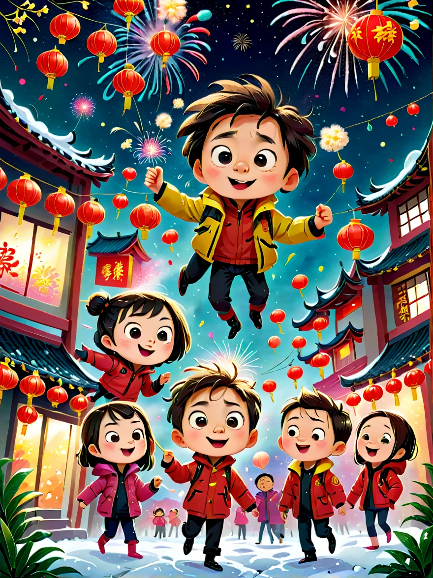 Kids Book, (Tim Burton style)，(Illustration captures the essence of Chinese New Year)，(Modern town:1.2), (Lanterns and festoons)，It's snowing，In the joyful atmosphere of the Spring Festival，(5 children in down jackets set off firecrackers and fireworks)，(There are many fireworks in the sky)，The picture is beautiful，(Detailed and vivid children&#39;s hand-drawn illustrations)，Show character expressions