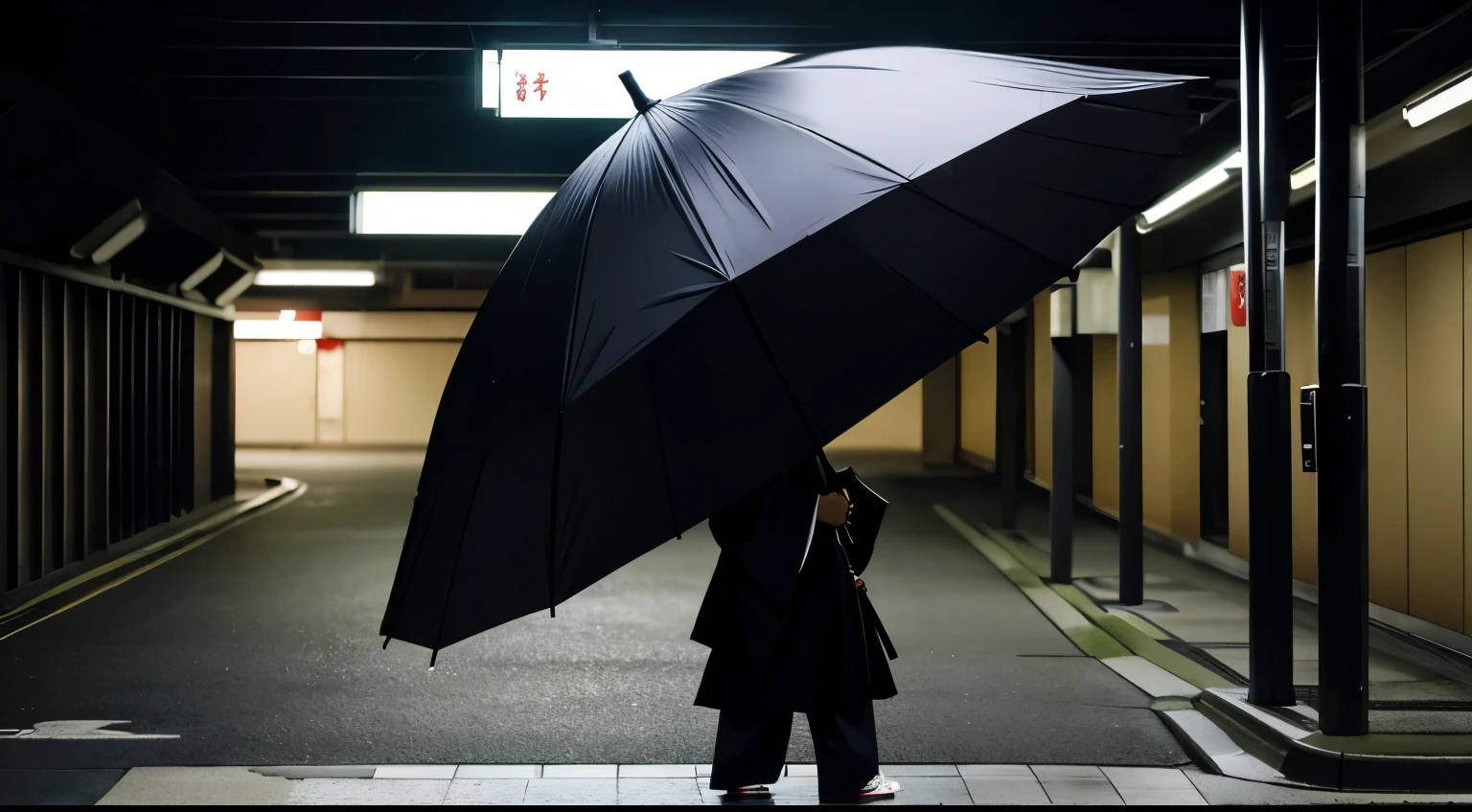 Japan's most famous one-eyed umbrella monster, located in a large dark underground parking lot.