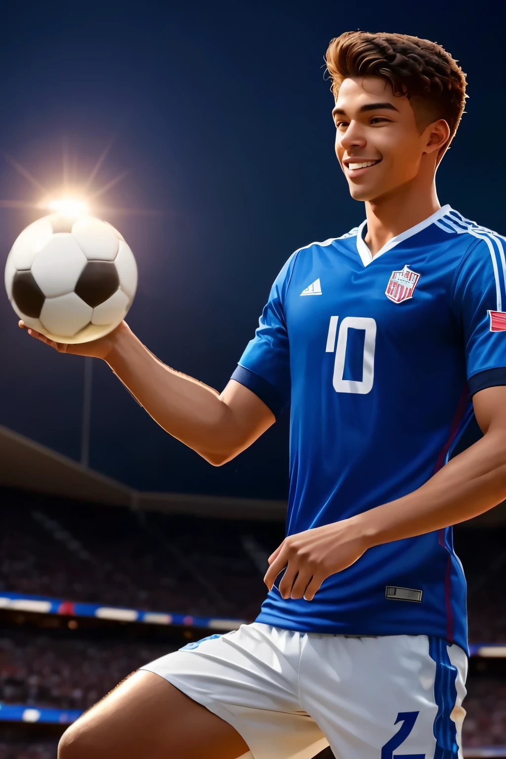 Gerar a imagem de um jovem americano de 25 anos e pele clara. He is athletic, with a healthy and beautiful appearance. This young man smiles friendly and has positive energy. Vista-o com um uniforme de futebol moderno, suggesting he is passionate about this sport. The pose should highlight your confidence and enthusiasm for the game. Make sure the lighting is natural, accentuating your facial features and happy expression."