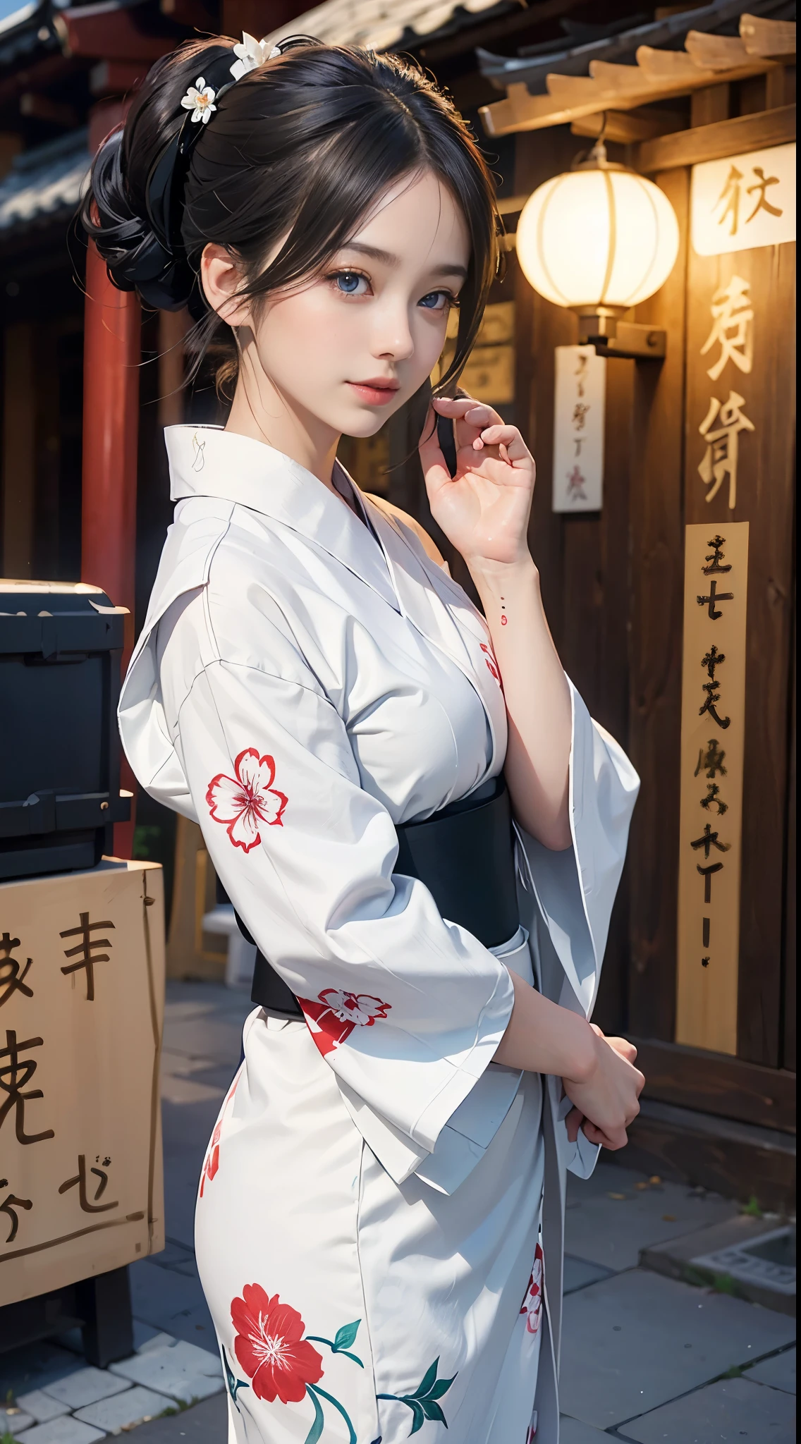 ((top-quality)), ((​masterpiece)), (detaileds:1.4)、in 8K、best qualtiy，full body sface focus,(goodbye waving),Soft light, smile,peal skin,wetted skin（depth of fields），超A high resolution，RAW Photos，blue eyes kimono(white yukata Flower)  pony tail dark brown hair Hairpin holding Fan background Torii Shrine