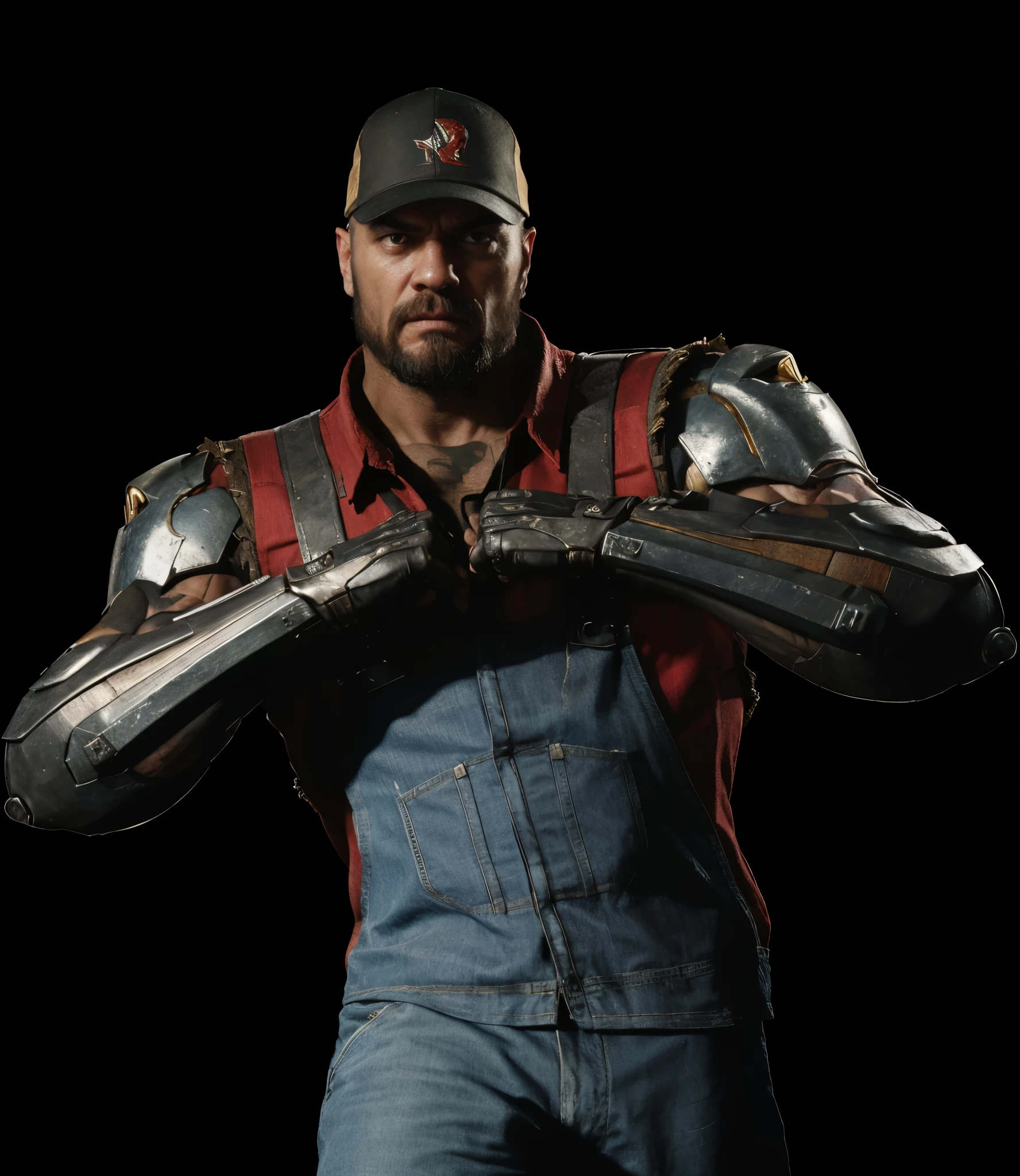 (masterpiece),(best quality:1.0),(ultra high resolution:1.0), Jax, mortal kombat, farmer, metal arms, beard , red farmer shirt, cap forward, bad face,menacing look, closeup, detailed, face focus, 8k wallpaper, full body