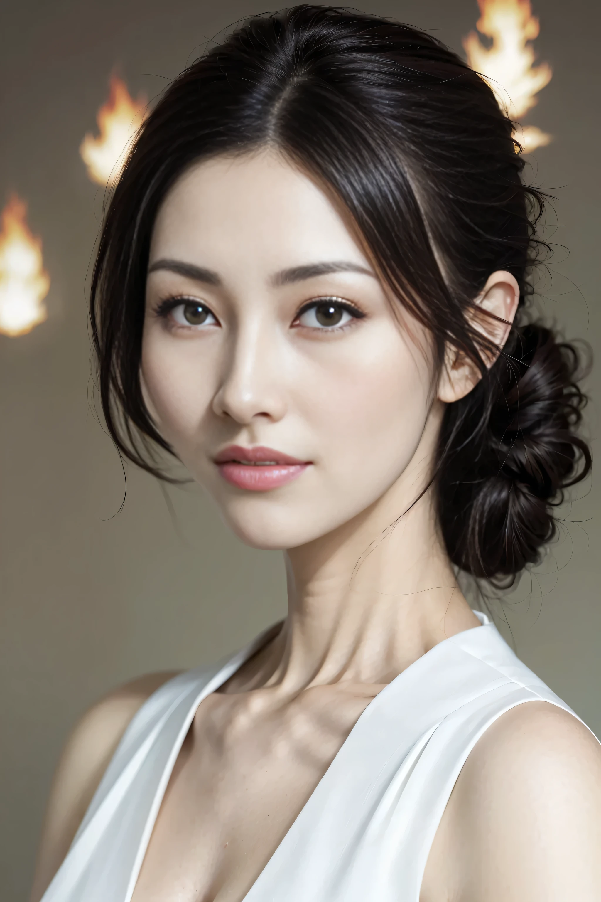 1 Lady, updo-hairstyle, (Ultra actual, A high resolution), (highly details eye, The hair is fine, The face is very detailed, Highly detailed plump lips), (cropped shoulders、Lie flat, Upper part of the body, Cautious smile, (Best quality:1.4), RAW photos, (actual, photo-actual:1.37), professional photoshooting, 电影灯光, (delicated face: 1.2),