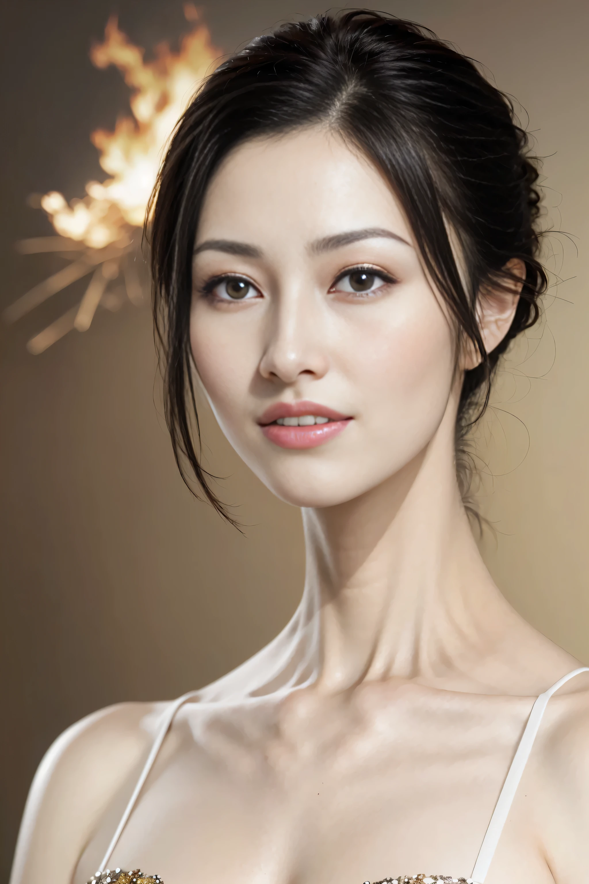 1 Lady, updo-hairstyle, (Ultra actual, A high resolution), (highly details eye, The hair is fine, The face is very detailed, Highly detailed plump lips), (cropped shoulders、Lie flat, Upper part of the body, Cautious smile, (Best quality:1.4), RAW photos, (actual, photo-actual:1.37), professional photoshooting, 电影灯光, (delicated face: 1.2),