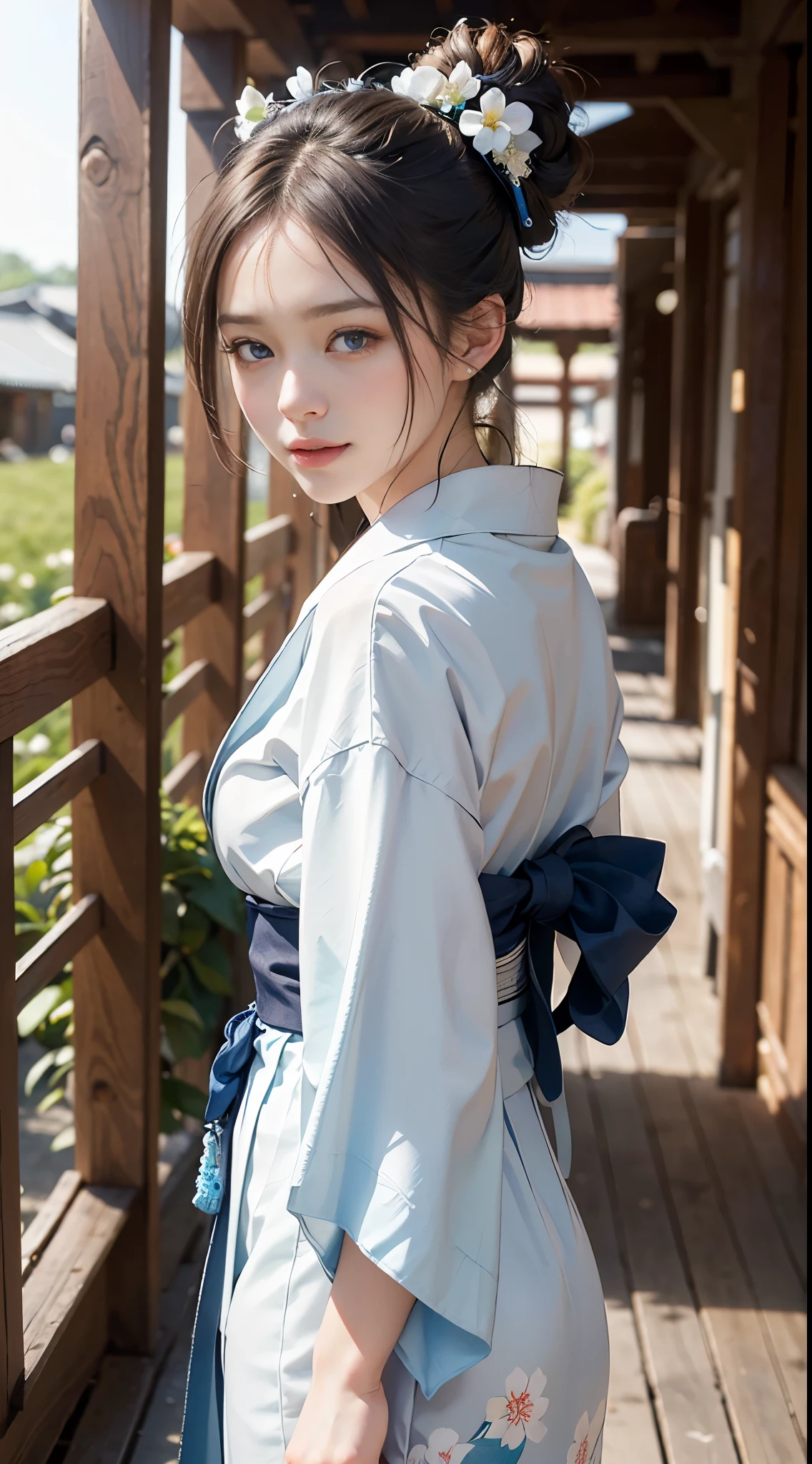 ((top-quality)), ((masterpiece)), (detaileds:1.4)、in 8K、best qualtiy,full body sface focus,(goodbye waving),Soft light, smile,peal skin,wetted skin(depth of fields),超A high resolution,RAW Photos,blue eyes kimono(white yukata Flower) pony tail dark brown hair Hairpin holding Fan background Torii Shrine