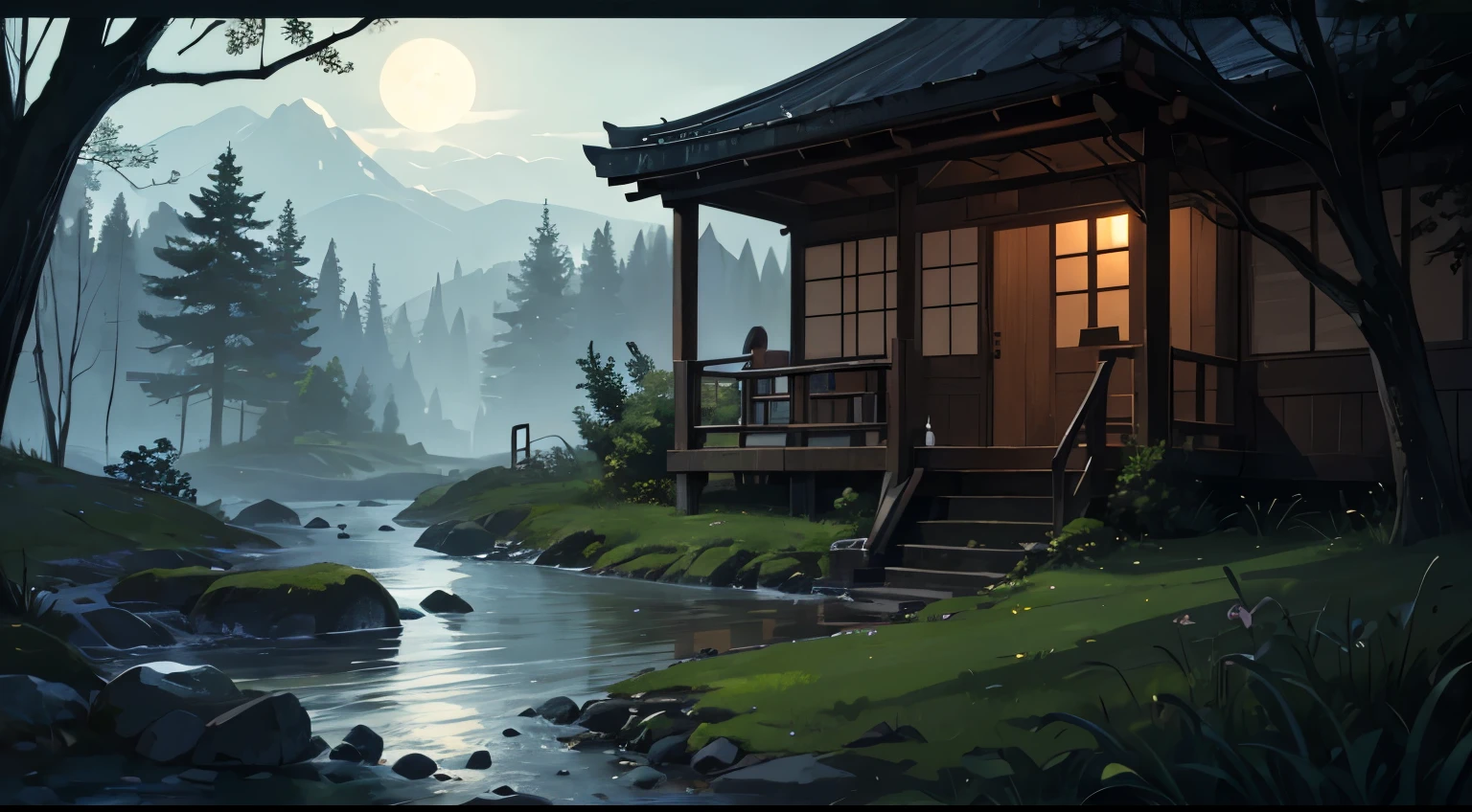 japanese haunted house in green forest at night, full moon and trees in background