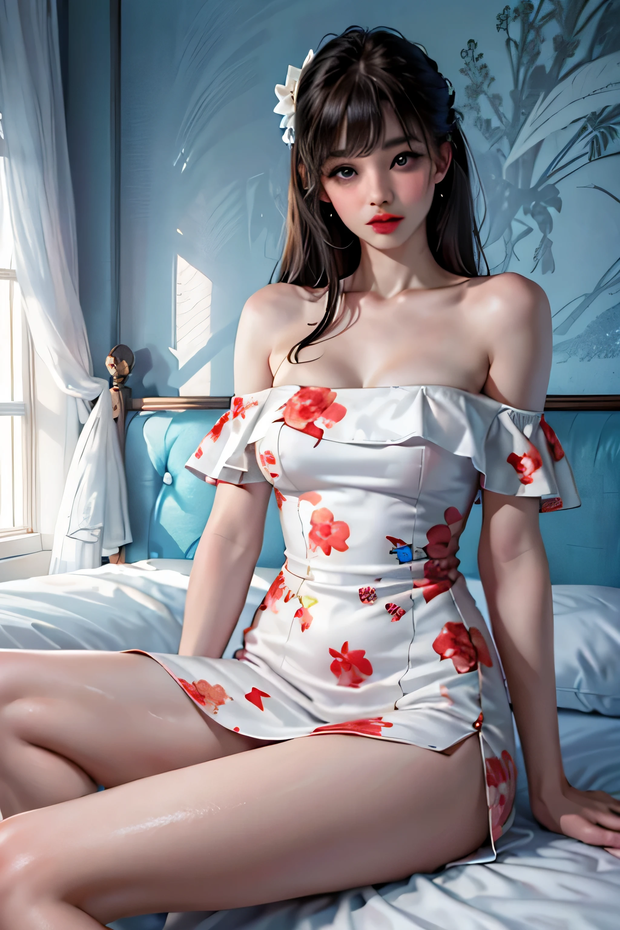 1girl in,top-quality、超A high resolution、(Photorealsitic:1.4)、blue eyess、Look at viewers、red blush、Off-shoulder white dress with floral print、Sitting in bed、