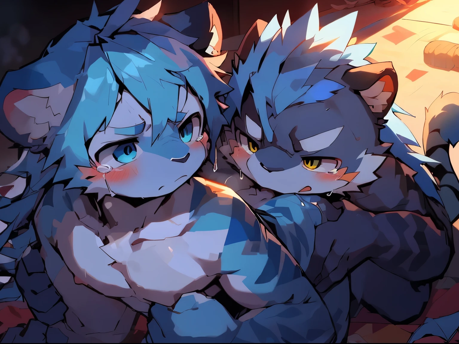 A man with a white tiger, a sky-blue striped tiger pattern, a long tiger tail, a yellow left eye, a sky-blue right eye, blue eyebrows, sky-blue hair, long hair, eyes closed,white,naked,tatami room background,serious expression,South Korea,penis,painful,Anal sex,tears