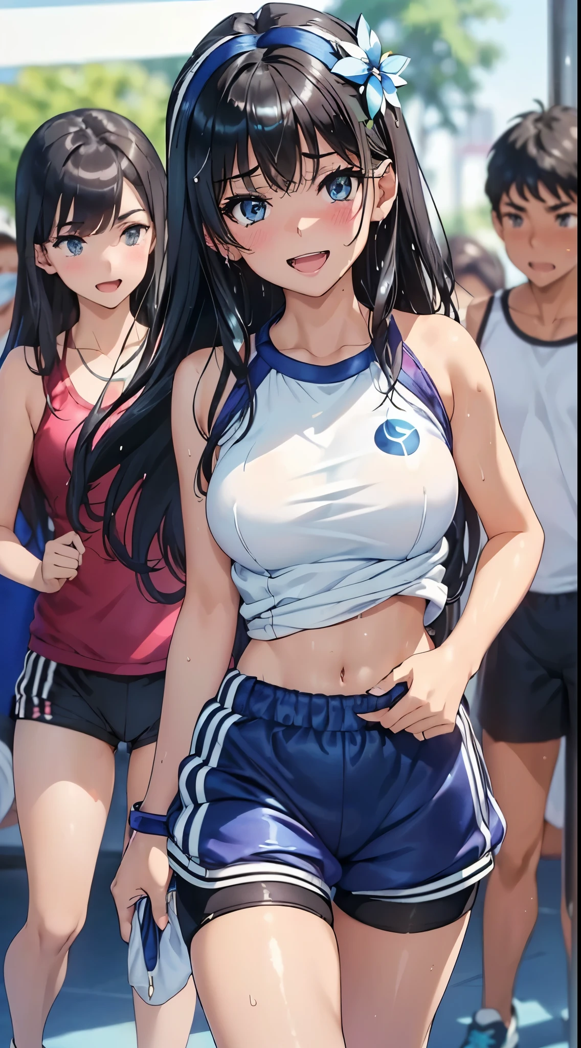 1womanl,Black hair,14years ,(()),Beautiful breasts,(((Sexy white and blue shiny gym clothes and shorts)))(())(((Blushing cheeks、Smile with open mouth)),(((Satin Narico))),((( portlate))),Crowds,Shiny white and blue gym clothes and shorts,(wet with sweat)