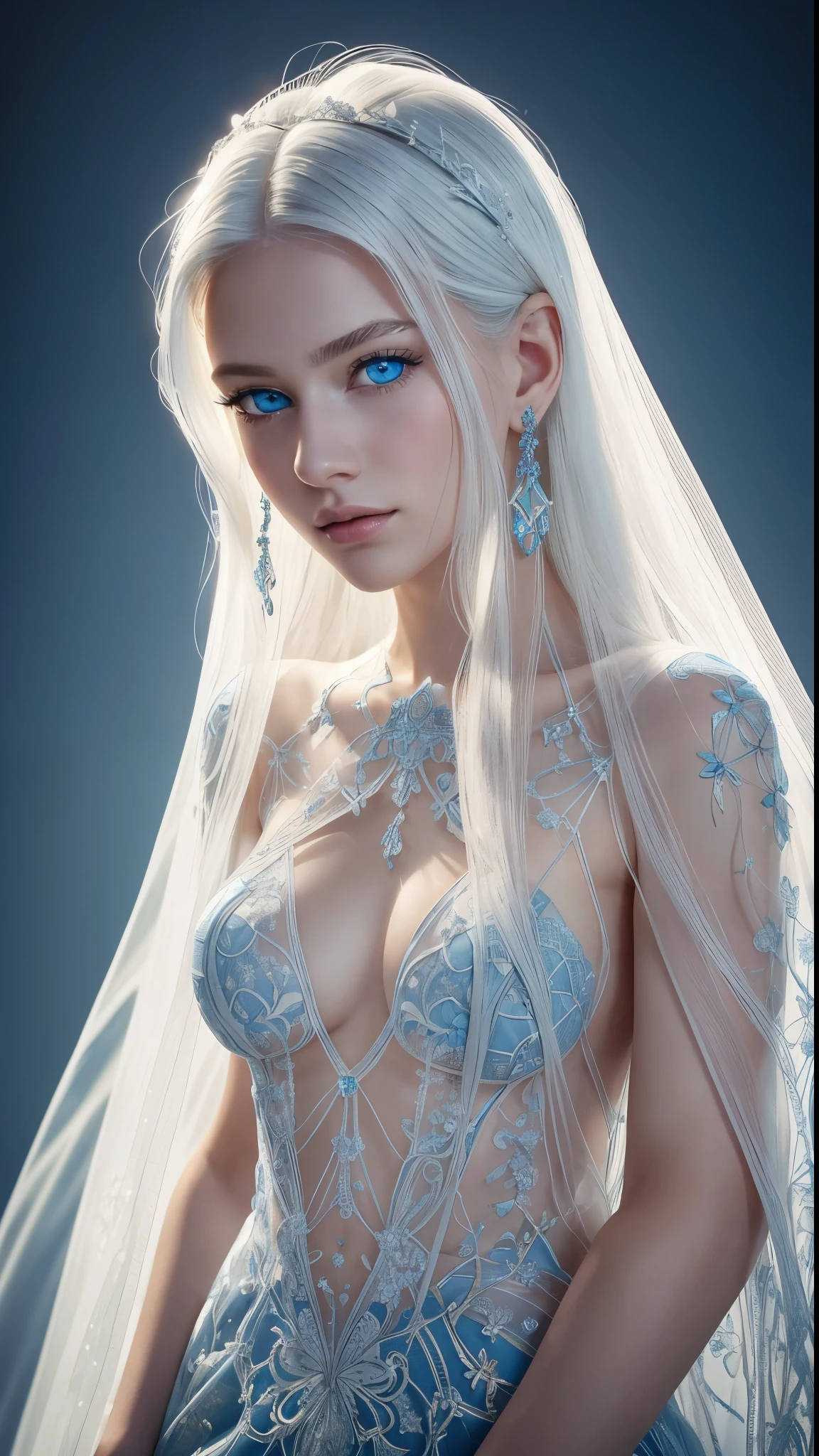 8k full body shot of beautiful white-haired 18 year old girl, (intricate, sheer, transparent, translucent,(no clothes:1.2)), intricate, beautifull face, elegant, highly detailed, digital hyperrealistic photography, hyperrealistic photography filigree, shyness, most beautyfull face, (masterpiece, sidelighting, (finely detailed beautifull blue eyes: 1.2)),