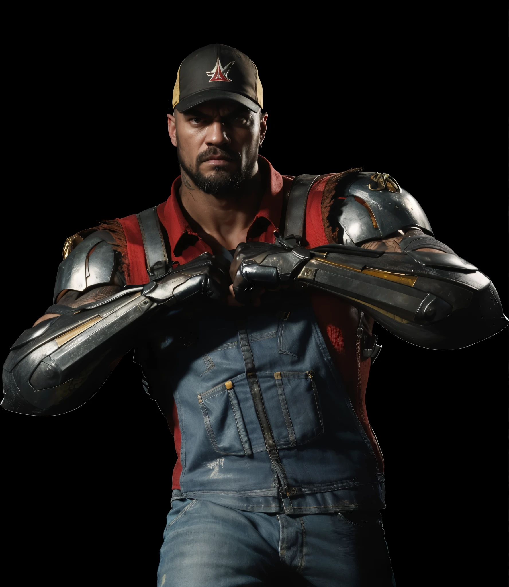 (masterpiece),(best quality:1.0),(ultra high resolution:1.0), Jax, mortal kombat, farmer, metal arms, beard , red farmer shirt, cap forward, bad face,menacing look, closeup, detailed, face focus, 8k wallpaper, full body