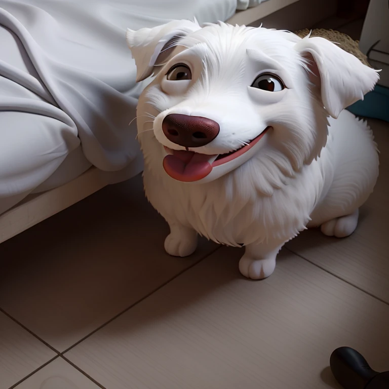 there is a white dog sitting on the floor next to a bed, peludo bonito precisa de sua ajuda, small white dog at her side, ela tem um rosto bonito, he is very happy, feliz com a boca aberta, com olhos bonitos, happily smiling at the camera, winking at the camera, she is smiling and excited, sorriso caloroso e gentil