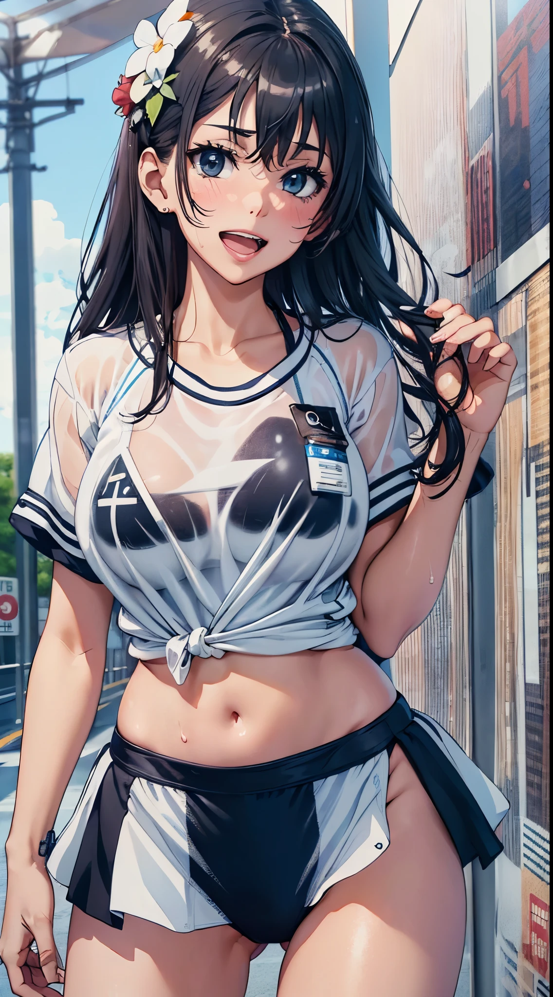 1womanl,Black hair,14years ,(()),Beautiful breasts,(((Sexy white and blue shiny gym clothes and bikini with micro skirt)))(())(((Blushing cheeks、Smile with open mouth)),(((Satin Narico))),((( portlate))),Crowds,Shiny white and blue gym uniform with microskirt and bikini,((Wet with sweat))