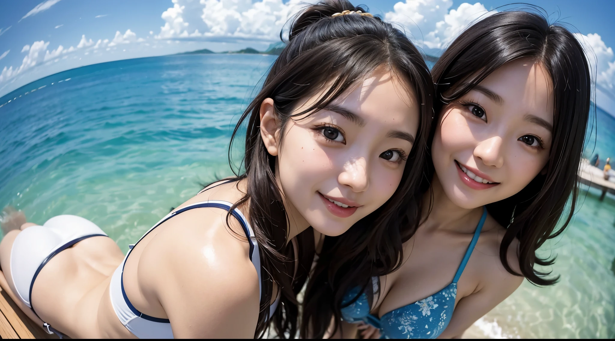 Beautiful woman、Kawaii Woman、About 28 years old、A detailed face、Detailed eyes、Detailed skin、detailed hairs、super realistic picture quality、An ultra-high picture quality、8K、Shy smile、Tomoyo Harada、Smiling、(A slightly longer face)、(white teeth smile), ((Fisheye)), ((Selfie)), Wind, hair messy, Summer sea, ((Luxury Cruiser))、 (Aesthetics and atmosphere:1.2)、(Swimsuit)、