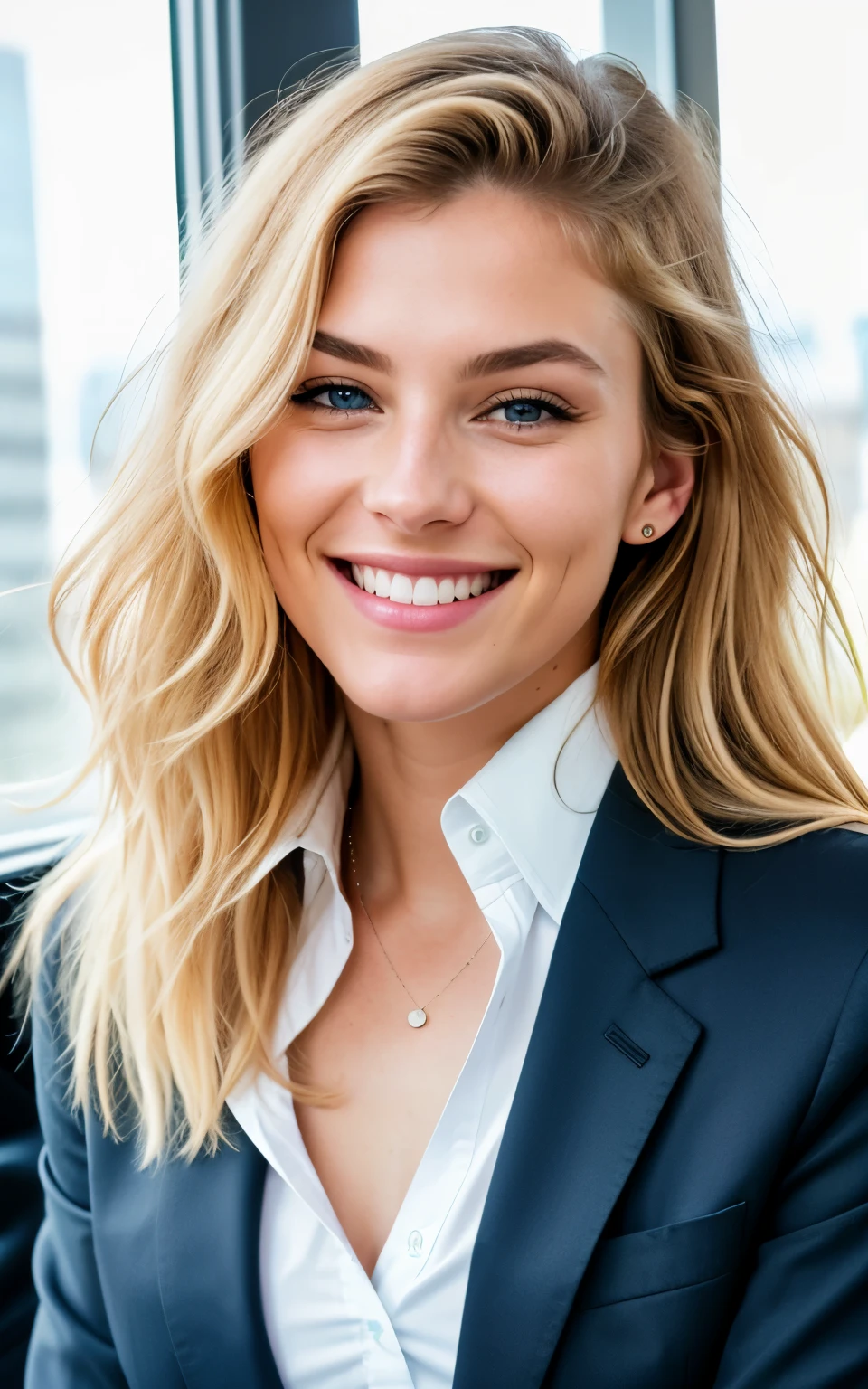cute beautiful blonde wearing blazer and buttoned collar shirt (drinking coffee inside a modern sleek office in daytime on a sunny day), very detailed, 21 years old, inoccent face, natural wave hair, blue eyes, high-res, masterpiece, best quality,intricate details, highly detailed,sharp focus, detailed skin,realistic skin texture,texture, detailed eyes, professional, 4k, laughing smile, shot on Canon, 85mm,shallow depth of field,kodak vision color, perfect fit body, extremely detailed, photo_\(ultra\), photorealistic, realistic, post-processing, max detail, roughness, real life, ultra realistic, photorealism, photography, 8k uhd, photography