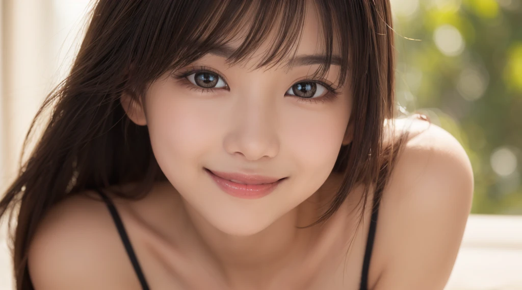 (1 Girl )、(Beautiful Japanese、18years old,round face、Refreshing、clear、seems kind、stylish、Pitiful、cute like an angel、cute、black eyes、(Single eyelid:1.3)、Beautiful skin), {(Japan human face:1.4),(General facial features)} , (((Beautiful :0.4))),(((soft breastsry cute),(short hair),(enchanting eyes),(highlight on eyes:1.2)、(8K、Live shooting、highest quality、masterpiece:1.2、optimal lighting)、((masterpiece)),(Photo taken by a professional photographer),(real、photo real:1.4),BREAK,{夏らしいかわいいワンピース},(cheeks are red:1.3), BREAK, BREAK,Face shot:1.3、 face close-up,Looking at viewer,Smile:1.4、Japan、Summer、from above、beach,Blue sky, cumulonimbus cds,(((1970s vibe)))、Hands clasped behind back,dynamic angle