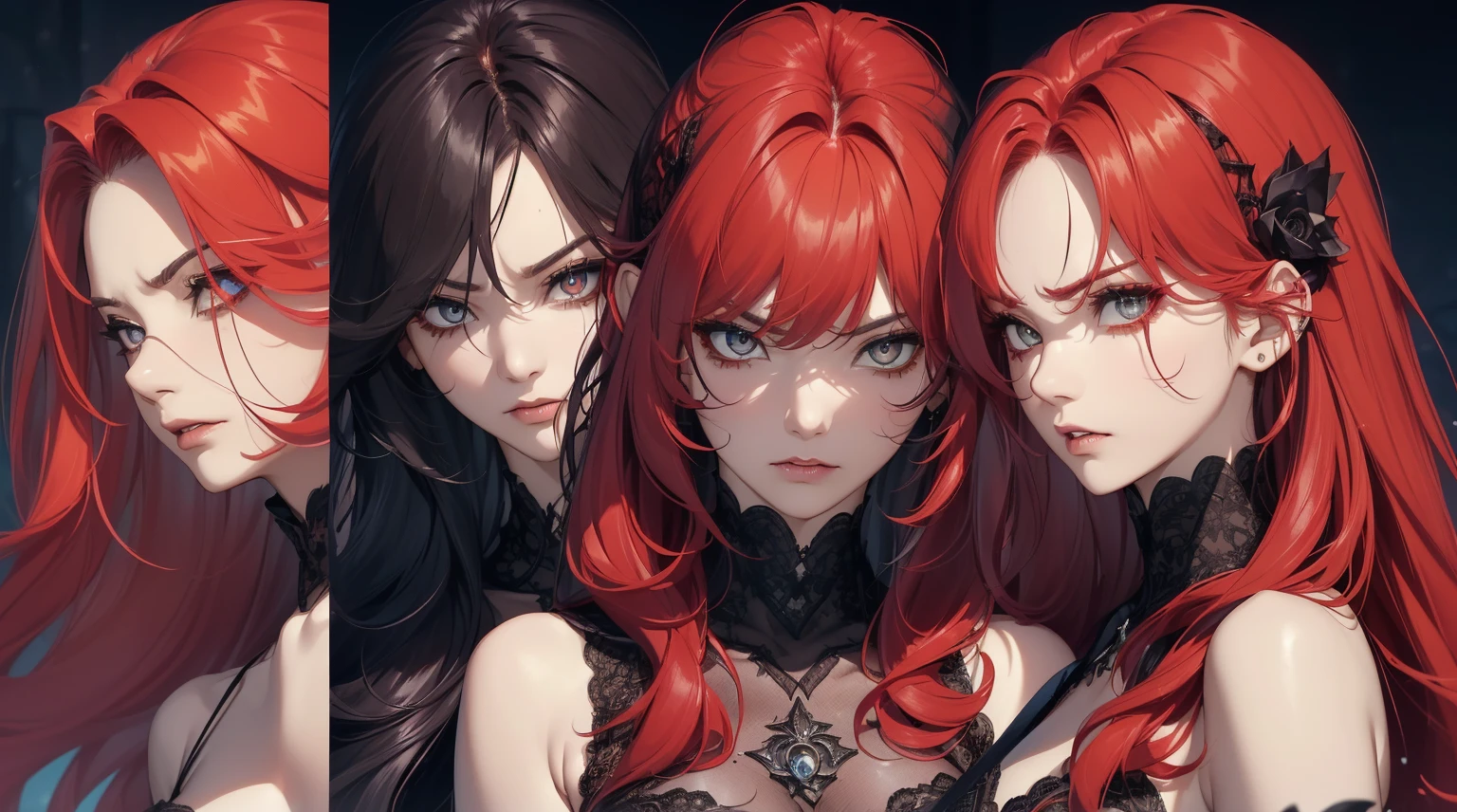 three sexy women in goth outfits, flirtatious smiles, on bed, flirtatious smiles, close up faces portrait, sunglasses, black lipstick, short curly auburn, orange and red hair