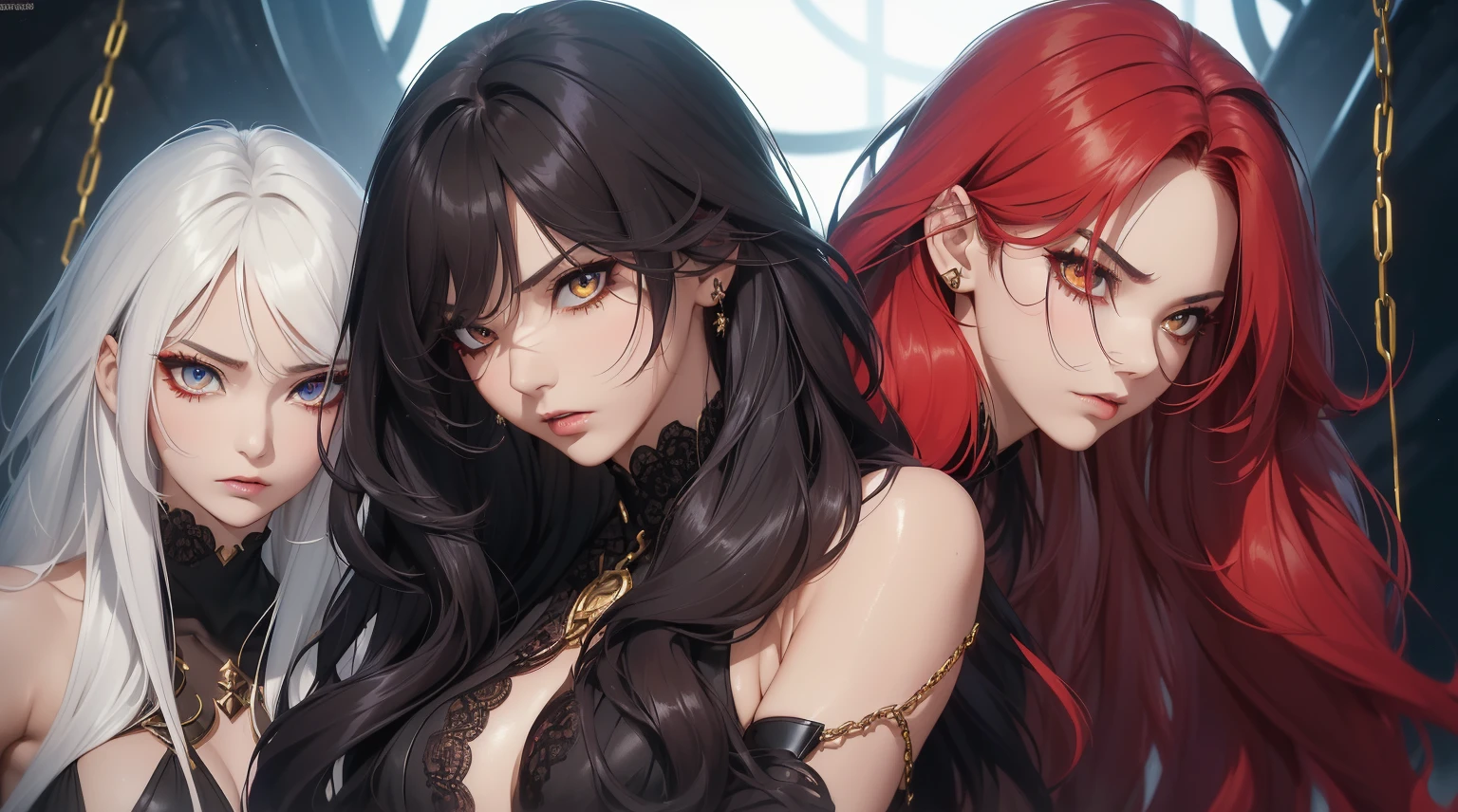 ((masterpiece)), ((bestquality))((ผmasterpiece)),(((bestquality))),masterpiece, excellent,anime, Goth Girl, Emo Girl,, 1girls, long-haired, large boobs, ((Red-Haired)), semi naked, very long Red-Haired, ((intimidate look)), sexy pose, ((รอยBlood)), yellow eyes, ((white lace underwear)), ((chains)), Skin, dark andana color)), Vibrant Eyes, Heels, fishnet pantyhose, ((Wavy Hair)), Texture, ((intimidate look)), good anatomy, ((prominent)), ((smooth straight cut)), Long gloves, evil, Emotionless., intimidate, Blood, ((beautidul eyes)), dark background, Up Close, ((eyes with beautiful details, My hair is great., Look at the forehead., annoyed, face only, Separate from each other..., fins, balance, jewelry, sharpt teeth, shouting, sparkling eyes, high-detail, ((4 expressions)), Jungle theme, ((Scab on the face, Glossy lips, Glossy skin, (((There are only four faces.))), (((Only four references)))