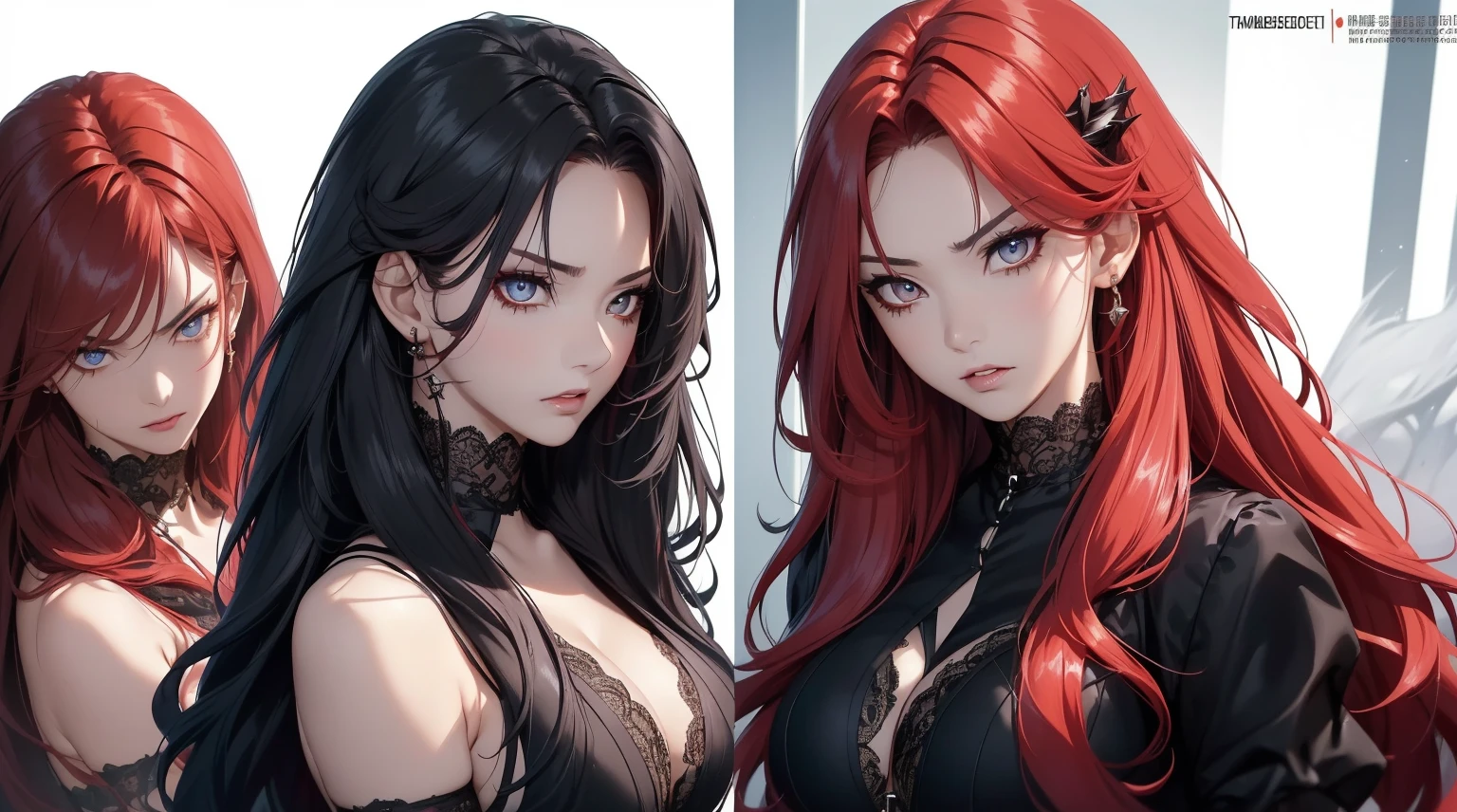 ((masterpiece)), ((bestquality))((ผmasterpiece)),(((bestquality))),masterpiece, excellent,anime, Goth Girl, Emo Girl,, 1girls, long-haired, large boobs, ((Red-Haired)), semi naked, very long Red-Haired, ((intimidate look)), sexy pose, ((รอยBlood)), yellow eyes, ((white lace underwear)), ((chains)), Skin, dark andana color)), Vibrant Eyes, Heels, fishnet pantyhose, ((Wavy Hair)), Texture, ((intimidate look)), good anatomy, ((prominent)), ((smooth straight cut)), Long gloves, evil, Emotionless., intimidate, Blood, ((beautidul eyes)), dark background, Up Close, ((eyes with beautiful details, My hair is great., Look at the forehead., annoyed, face only, Separate from each other..., fins, balance, jewelry, sharpt teeth, shouting, sparkling eyes, high-detail, ((4 expressions)), Jungle theme, ((Scab on the face, Glossy lips, Glossy skin, (((There are only four faces.))), (((Only four references)))