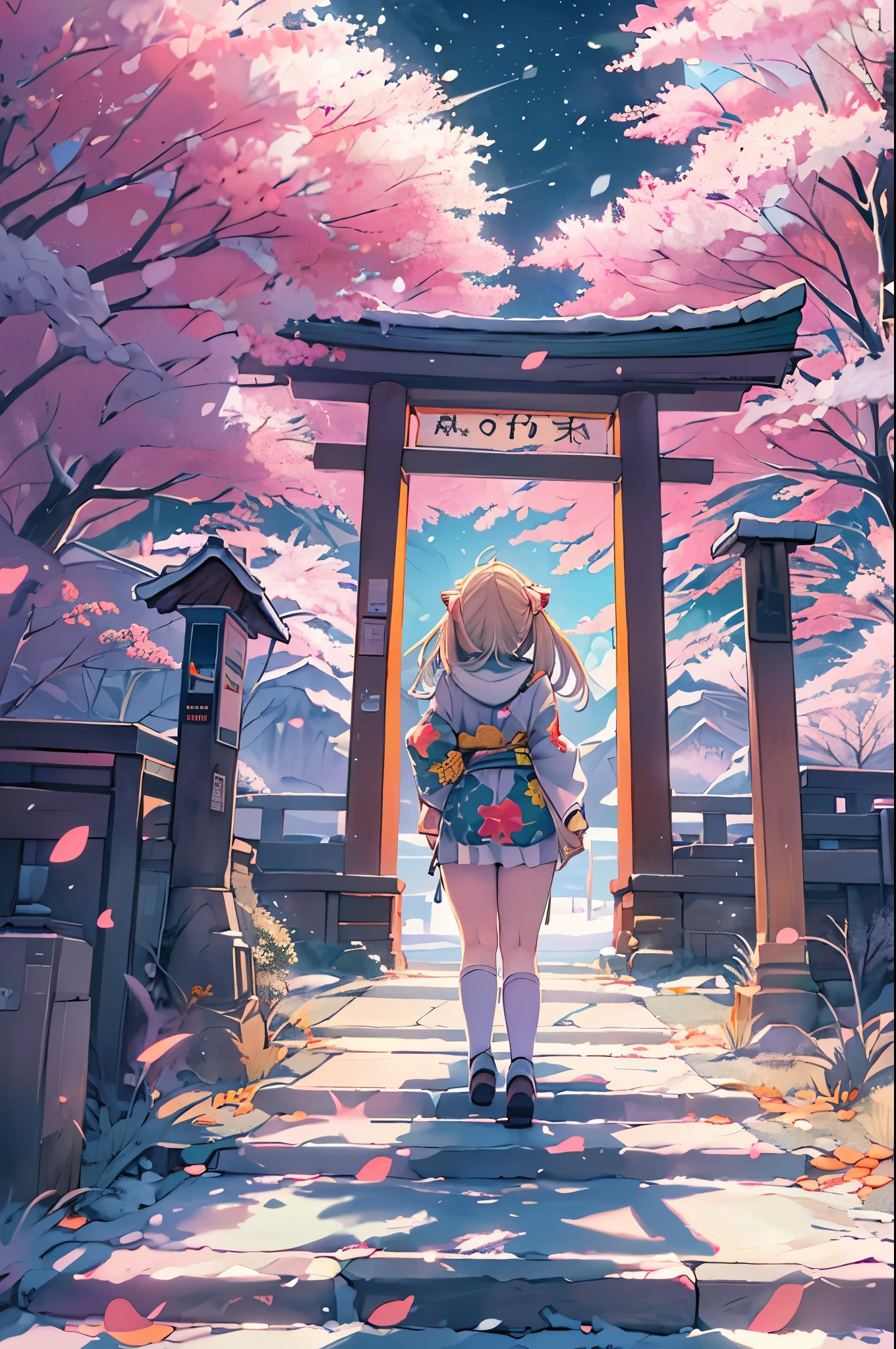 huge-breasted、kawaii、(Sunny Clothes)、torii gate,((Oblique angle))、{{close up to face}}、one eye closed、winking、A big smile、bbw、thick thight、big butts、Ultramammy, Winter days, Anime Background Art, japanese art style, beautiful anime scene,detailed scenery - width 672, Background art, Anime landscapes, Anime Background, Beautiful anime scenery, Beautiful peace scenes in anime, landscape artwork, Japan Village, Anime landscapesコンセプトアート, 8K))、New Year’s Day、1 moon