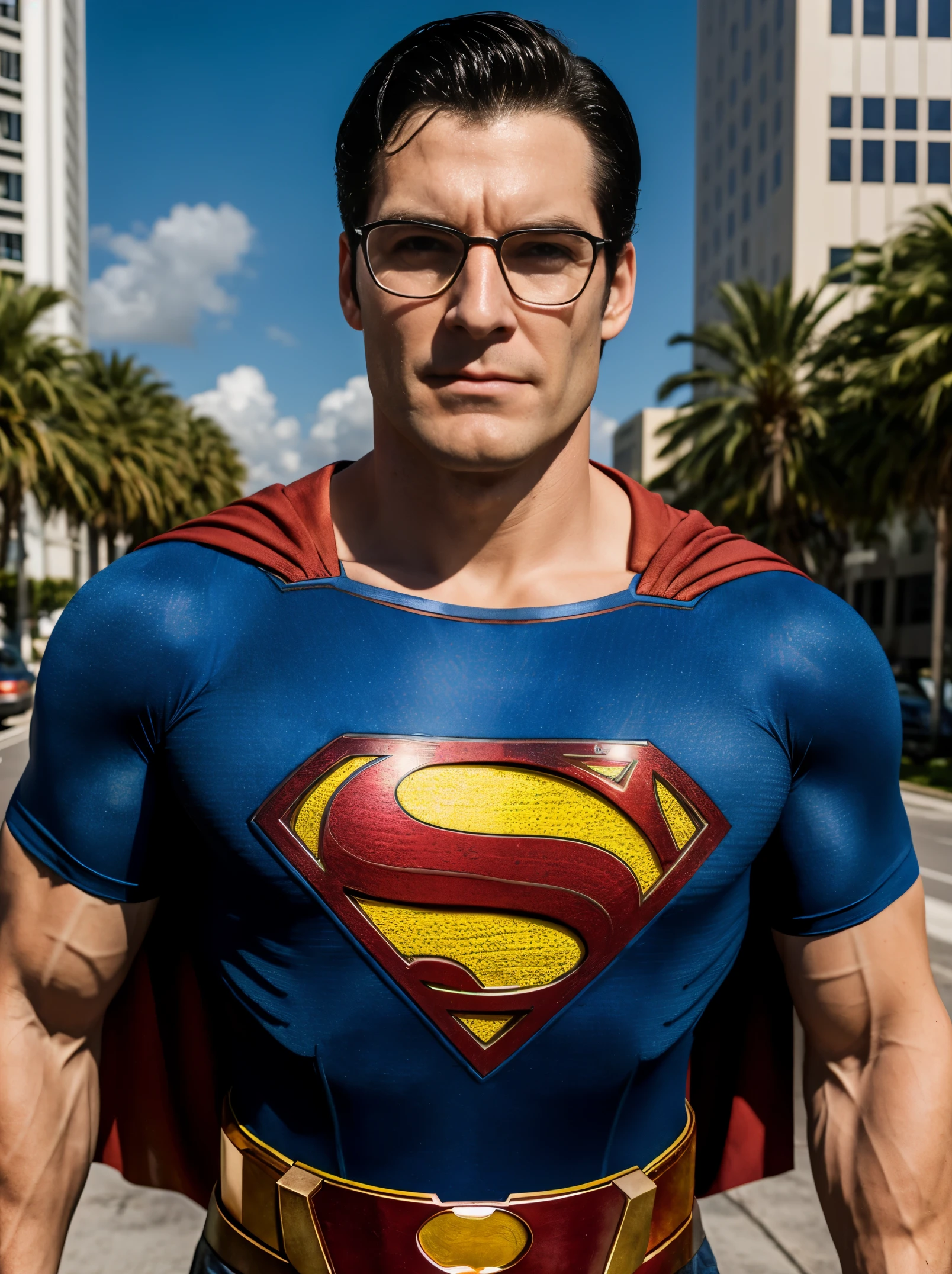 Superman and punisher portrait photo of a superman wearing glasses and superman suit with blue shirt, shooting a gun in the parking lot with the miami office building and palm trees in the background, high quality, very sharp, professional photography