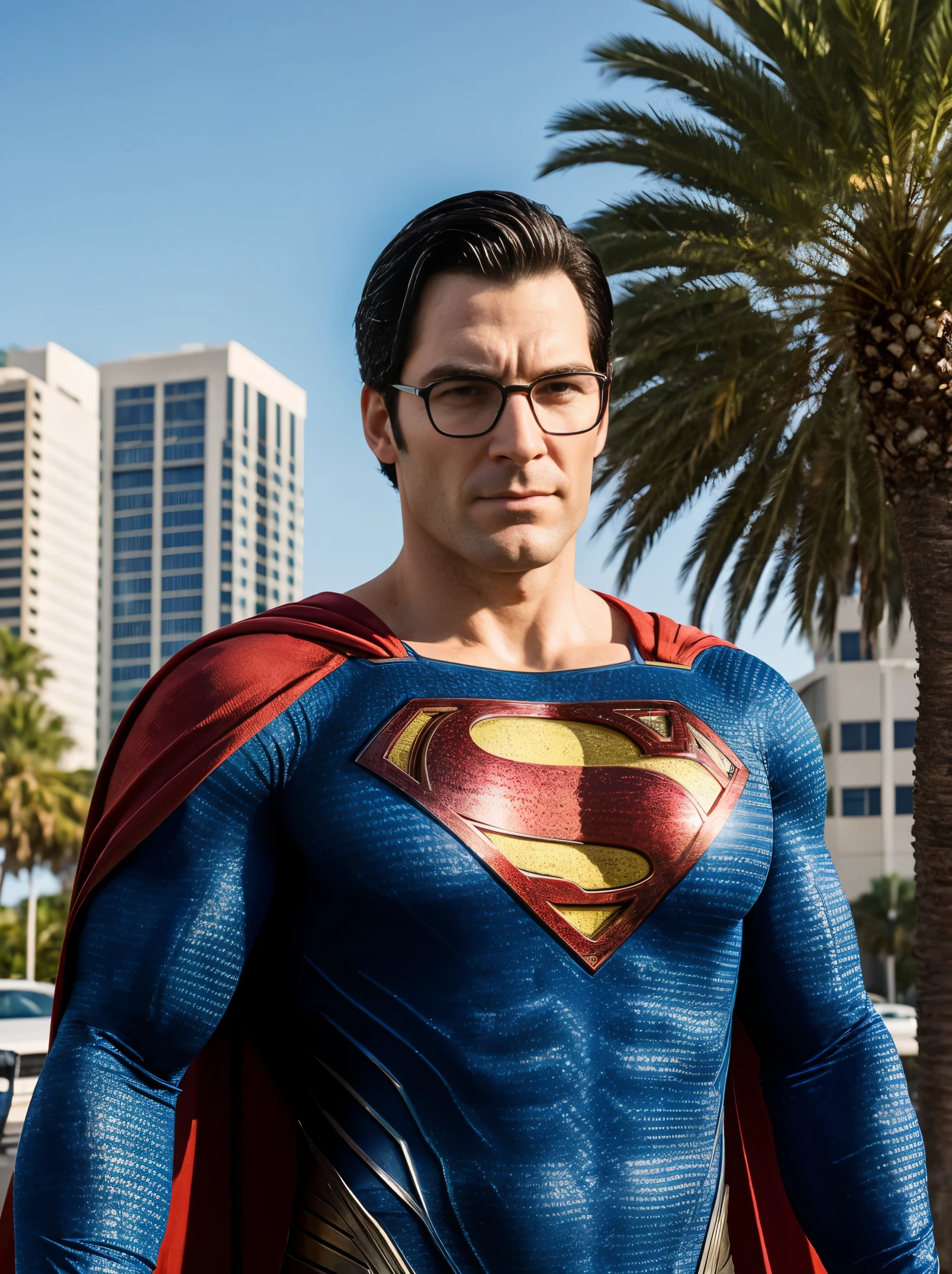 Superman and punisher portrait photo of a superman wearing glasses and superman suit with blue shirt, shooting a gun in the parking lot with the miami office building and palm trees in the background, high quality, very sharp, professional photography